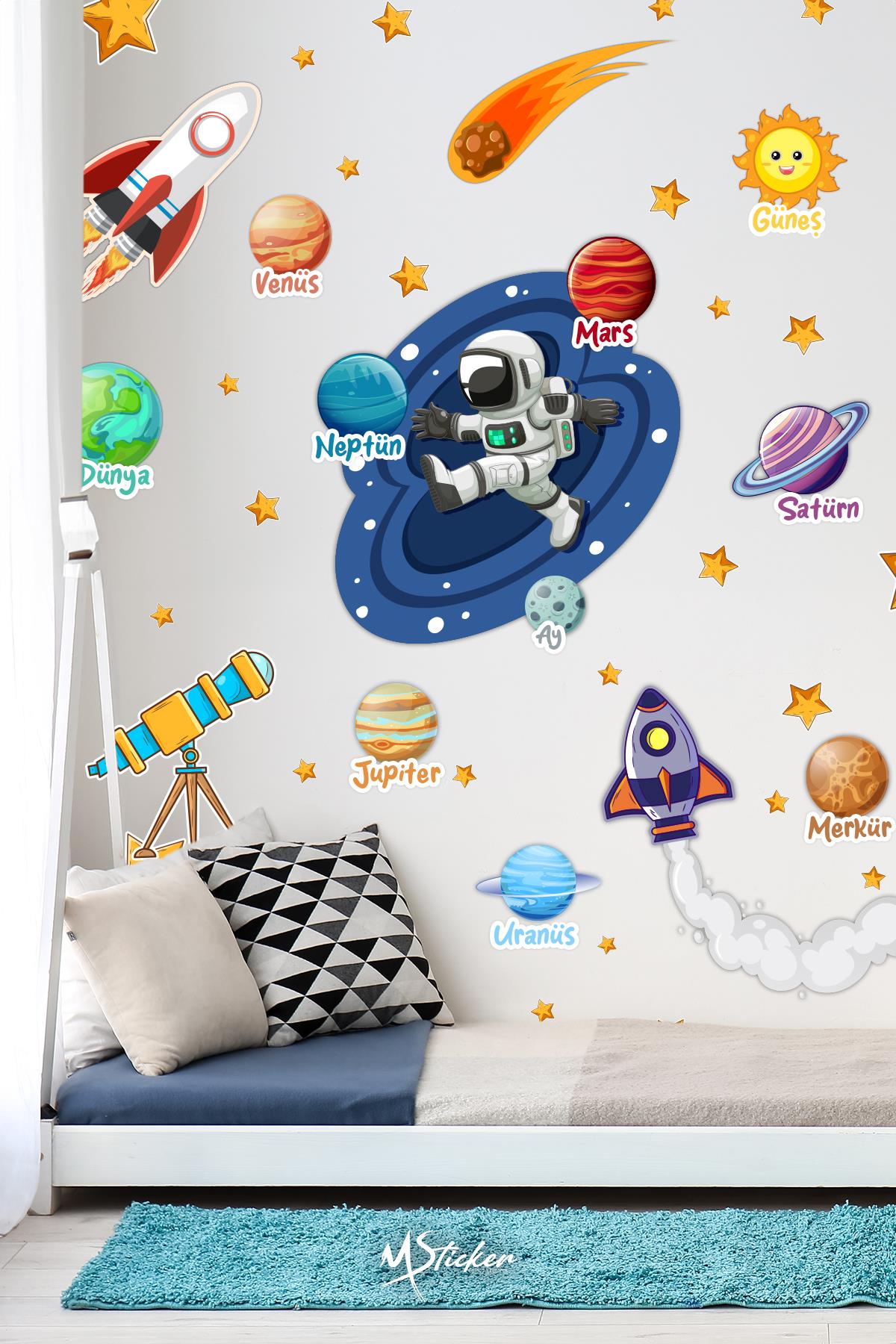 Gezegenler ve Uzay Macerası Sticker Seti Çocuk Bebek Odası Uzay ve Gezegenler Temalı Sticker