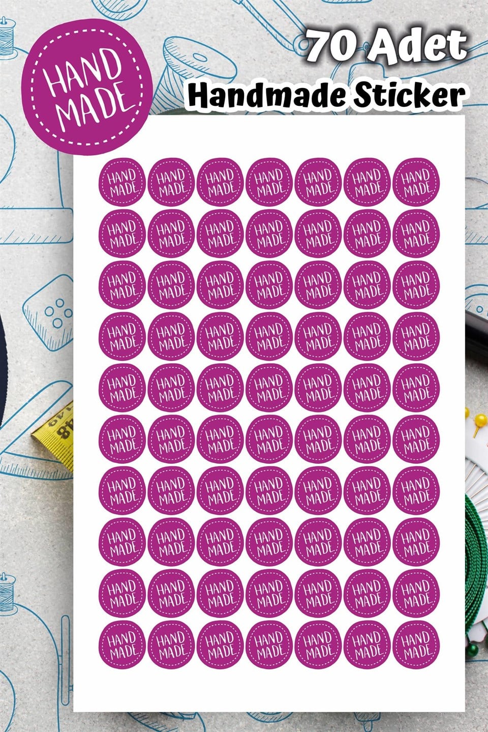 Hand Made Mor Yuvarlar Etiket Sticker-4x4cm 70 adet