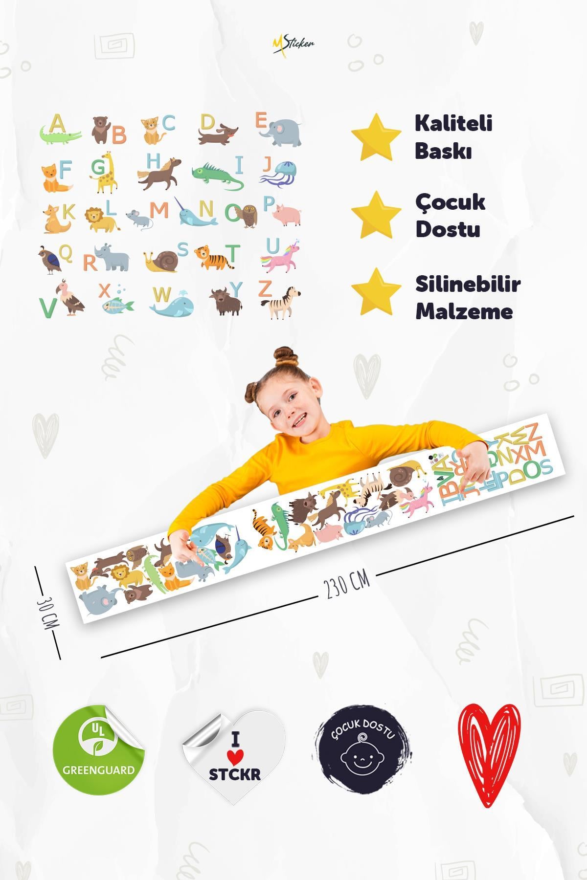 Hayvanlı  İngilizce Alfabe Harfleri Okul Kreş Anaokulu Çocuk Odası Duvar Cam Sticker Seti