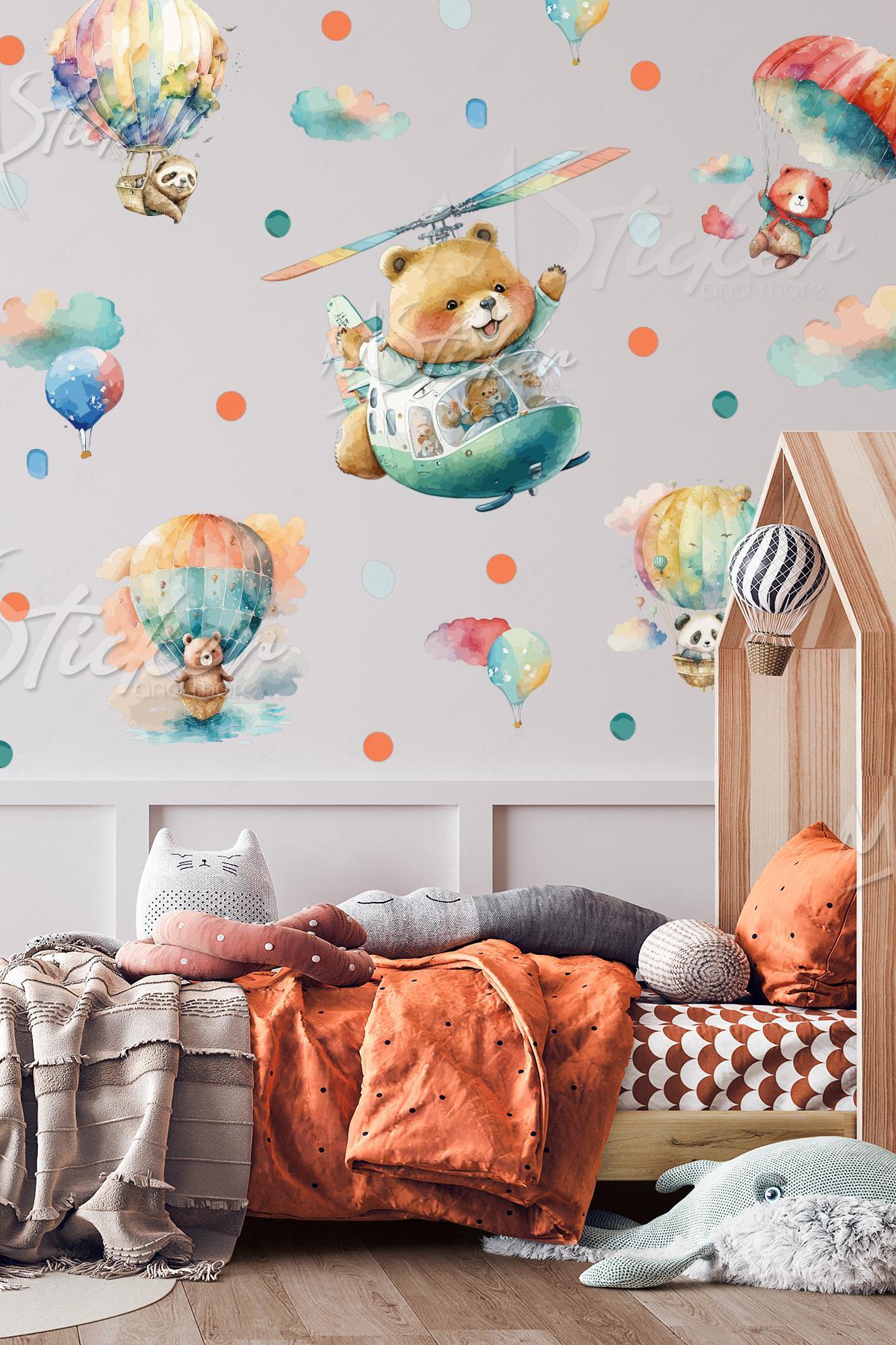 Helikopterde ve Uçan Balonlarda Uçan Ayıcıklar Çocuk Odası Cam Duvar Sticker Seti