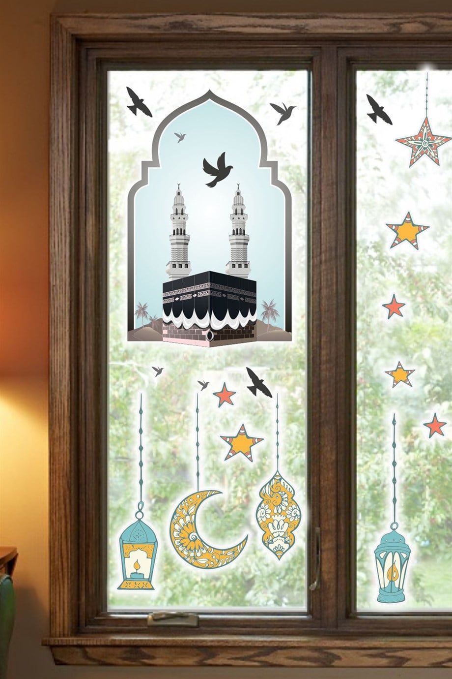 Hoşgeldin Ramazan Cam Duvar Sticker - Kabe Kuşlar ve Fener Figürlü Duvar Cam Sticker