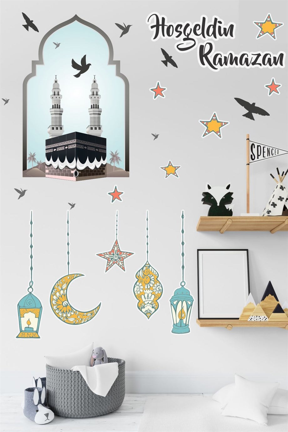 Hoşgeldin Ramazan Cam Duvar Sticker - Kabe Kuşlar ve Fener Figürlü Duvar Cam Sticker