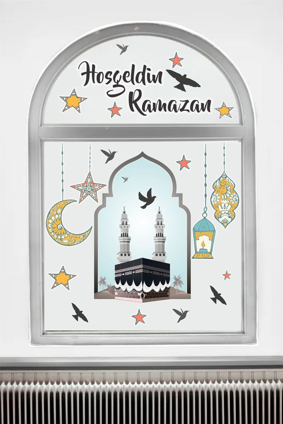 Hoşgeldin Ramazan Cam Duvar Sticker - Kabe Kuşlar ve Fener Figürlü Duvar Cam Sticker