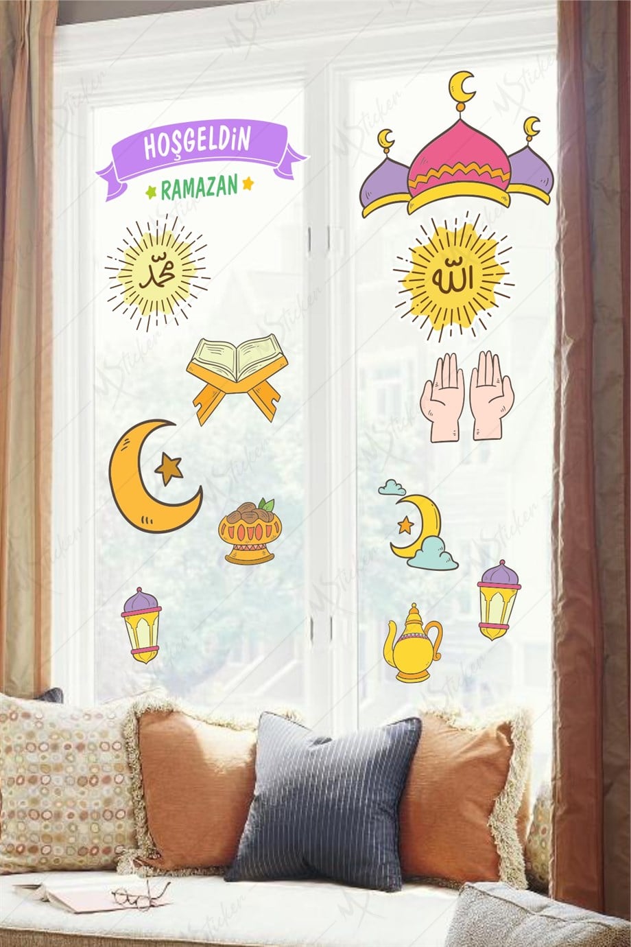 Hoşgeldin Ramazan Dua Cami  Ay Fener Figürleri Cam Duvar Dekorasyon Sticker Seti