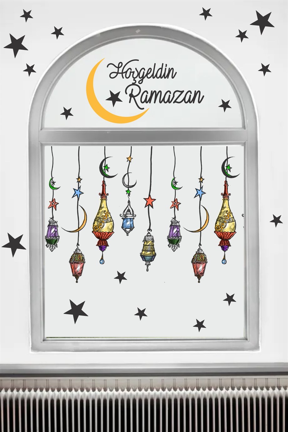 Hoşgeldin Ramazan Renkli Fener Sarkıt Cam Duvar Dekorasyon Sticker Seti