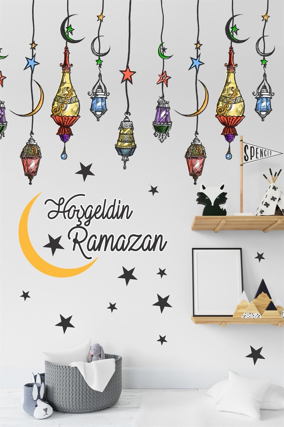 Hoşgeldin Ramazan Renkli Fener Sarkıt Cam Duvar Dekorasyon Sticker Seti
