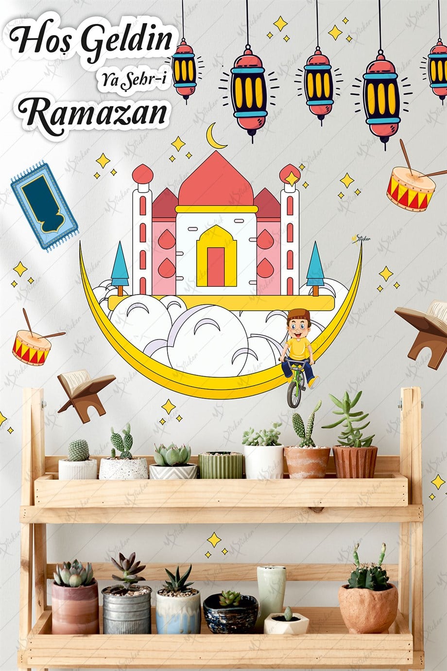 Hoşgeldin Ramazan Renkli Fener Sarkıt Cam Duvar Camili Sticker Seti