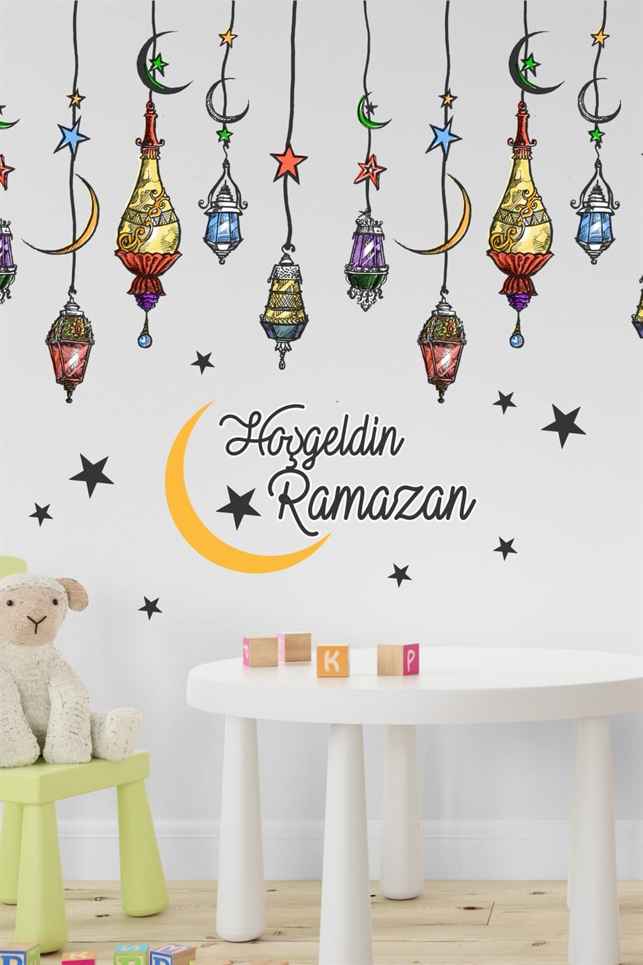 Hoşgeldin Ramazan Renkli Fener Sarkıt Cam Duvar Dekorasyon Sticker Seti