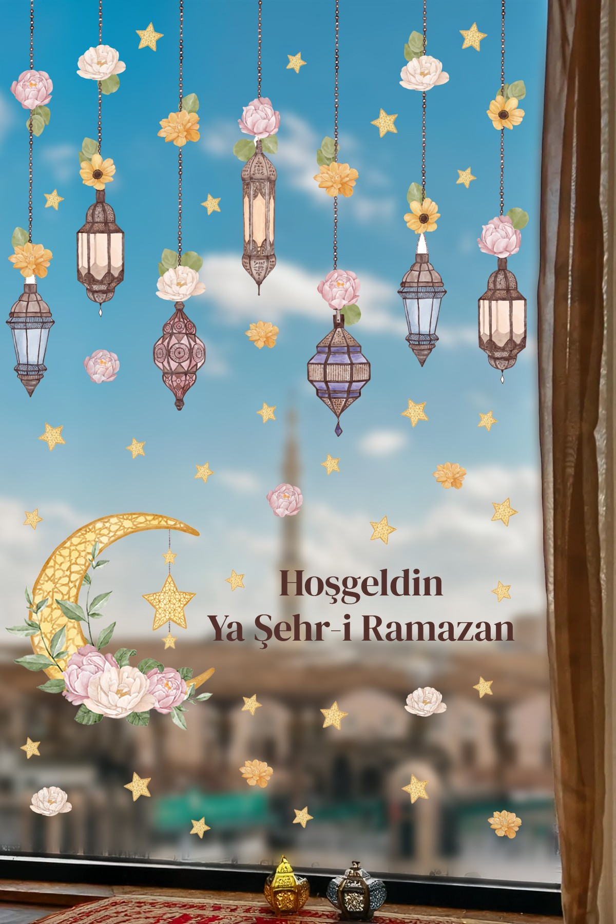 Hoşgeldin Ya Şehr-i Ramazan Duvar Sticker Seti | Fener & Ay Yıldız Temalı Dekor