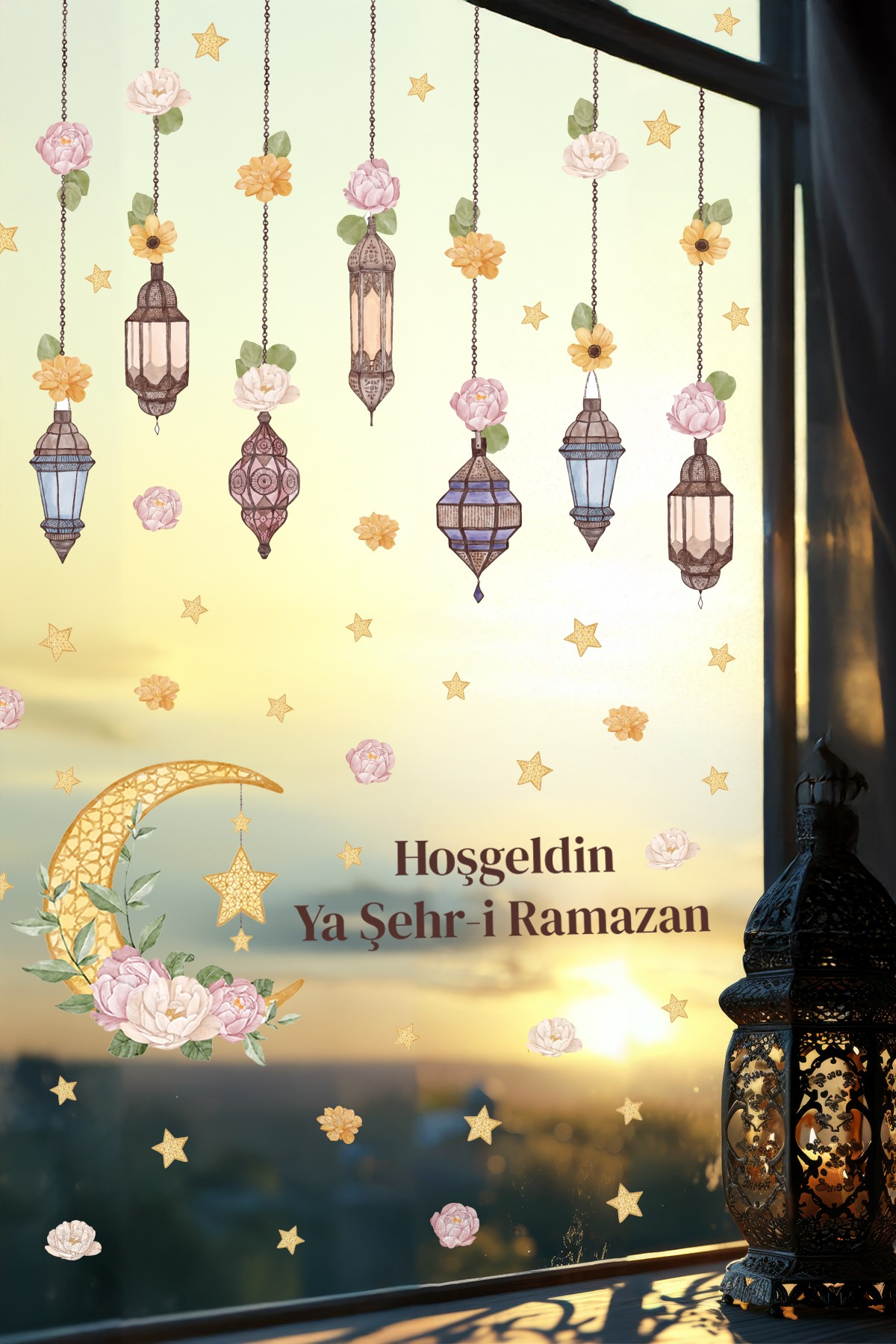 Hoşgeldin Ya Şehr-i Ramazan Duvar Sticker Seti | Fener & Ay Yıldız Temalı Dekor