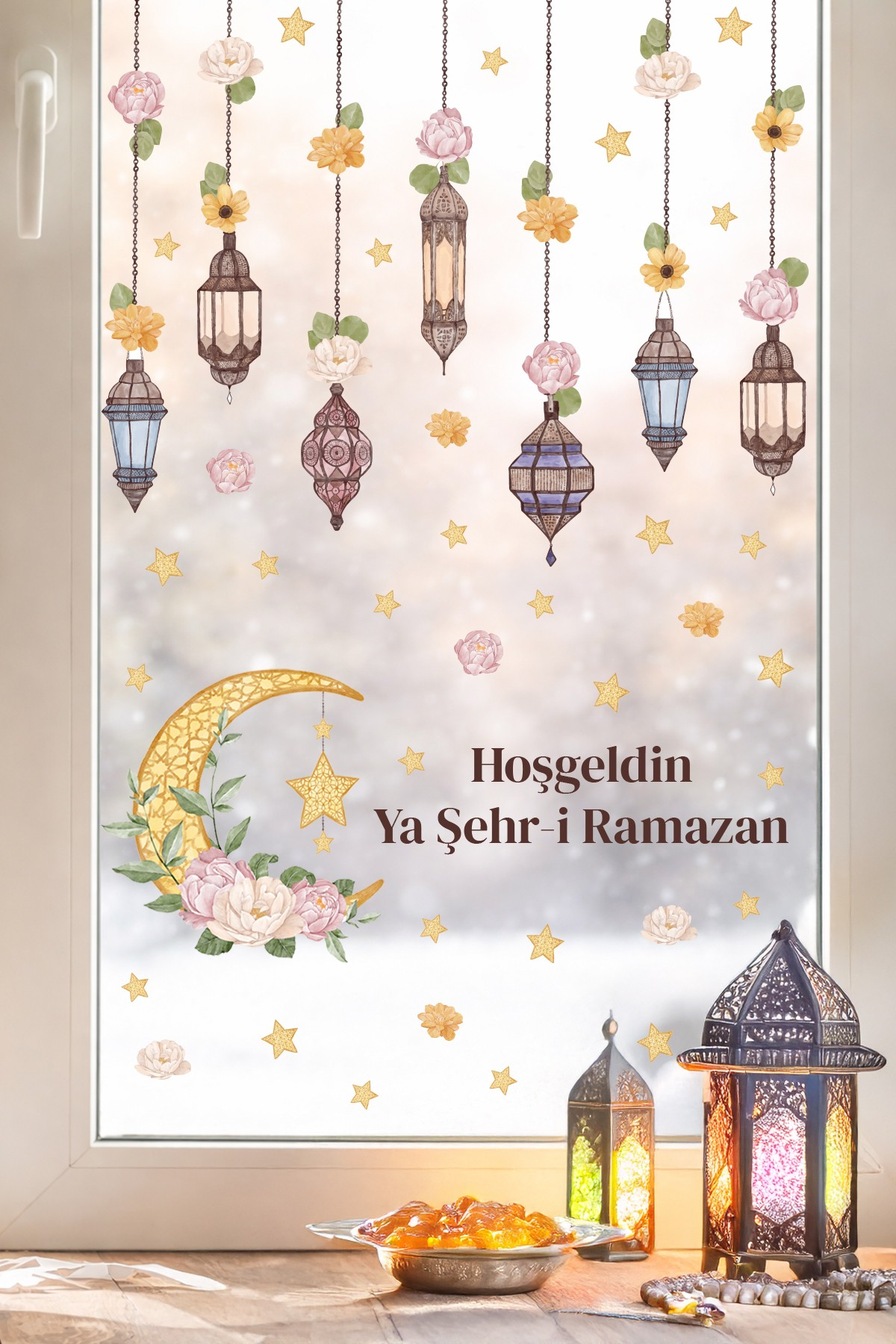 Hoşgeldin Ya Şehr-i Ramazan Duvar Sticker Seti | Fener & Ay Yıldız Temalı Dekor