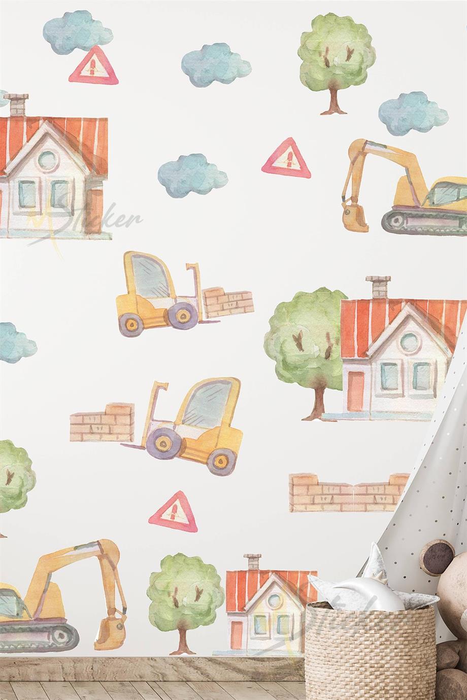 İş Makinaları Duvar Sticker Seti, İş Makinaları Kepçe ve Evler Ağaçlar Sticker Seti