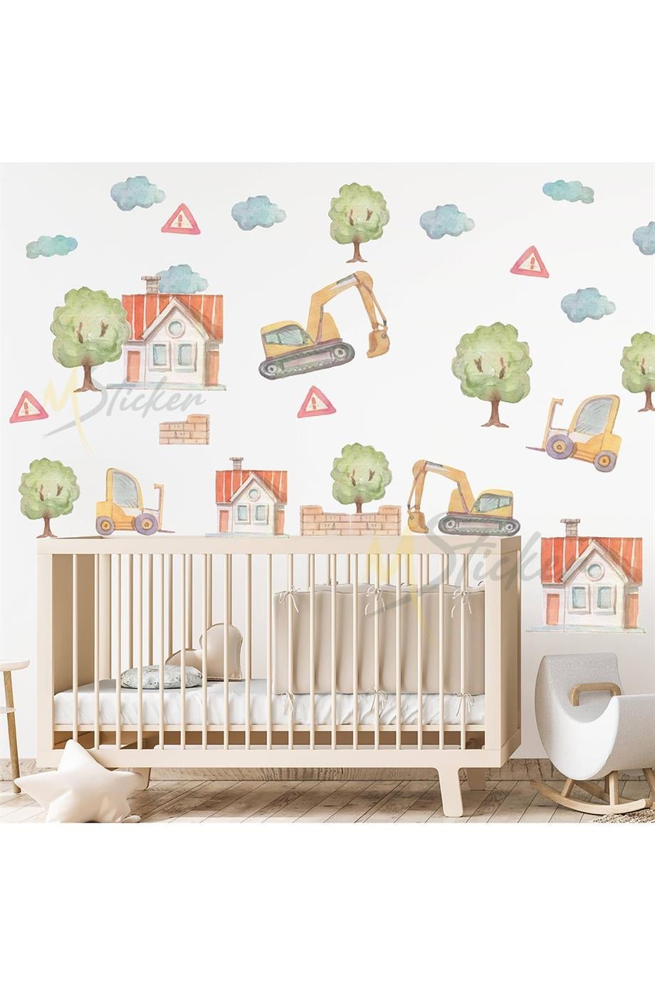 İş Makinaları Duvar Sticker Seti, İş Makinaları Kepçe ve Evler Ağaçlar Sticker Seti