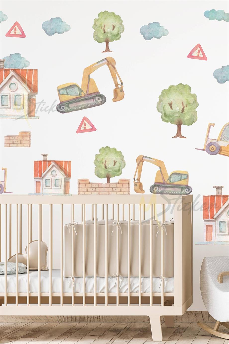 İş Makinaları Duvar Sticker Seti, İş Makinaları Kepçe ve Evler Ağaçlar Sticker Seti