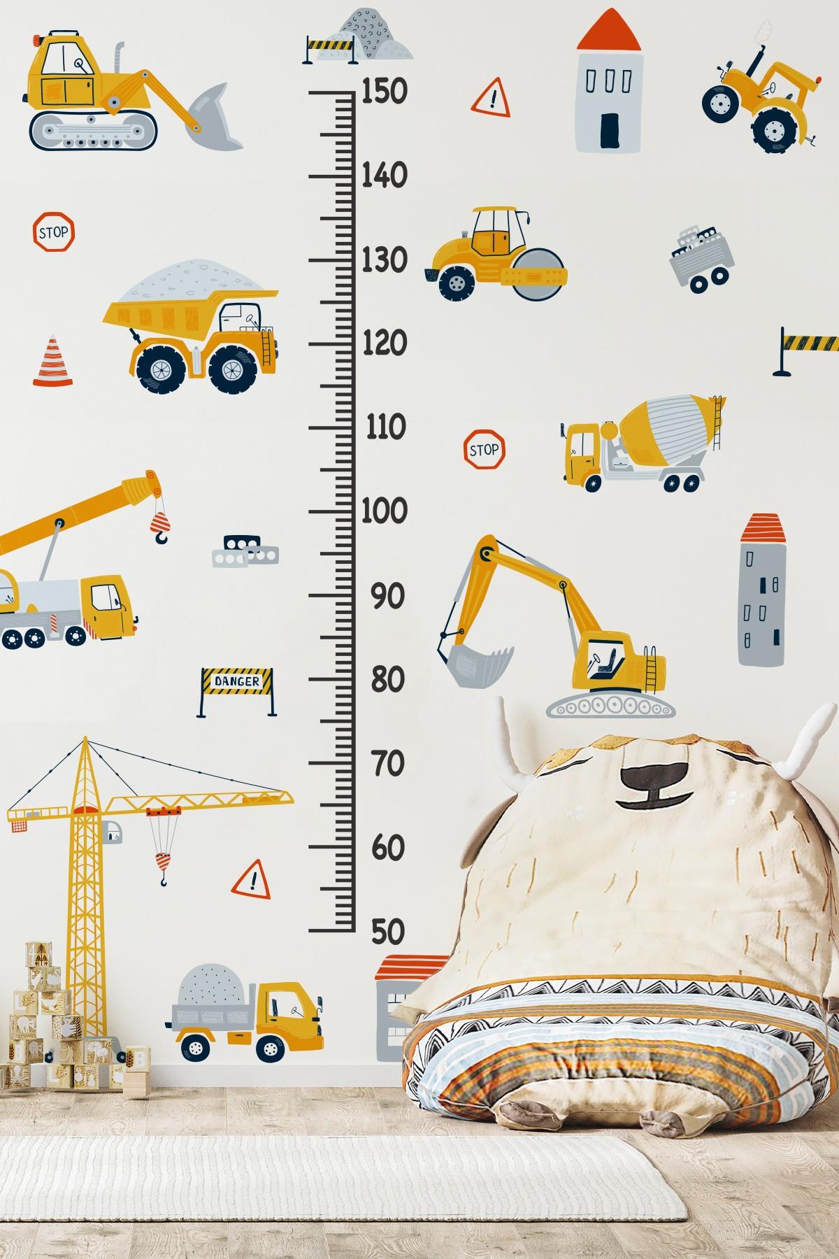 İş Makinaları Temalı Boy Cetvelli Çocuk Bebek Odası Sticker Seti Boy Cetveli İş Makinalı Sticker