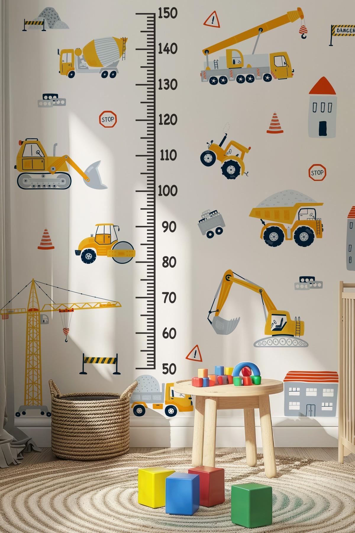 İş Makinaları Temalı Boy Cetvelli Çocuk Bebek Odası Sticker Seti Boy Cetveli İş Makinalı Sticker