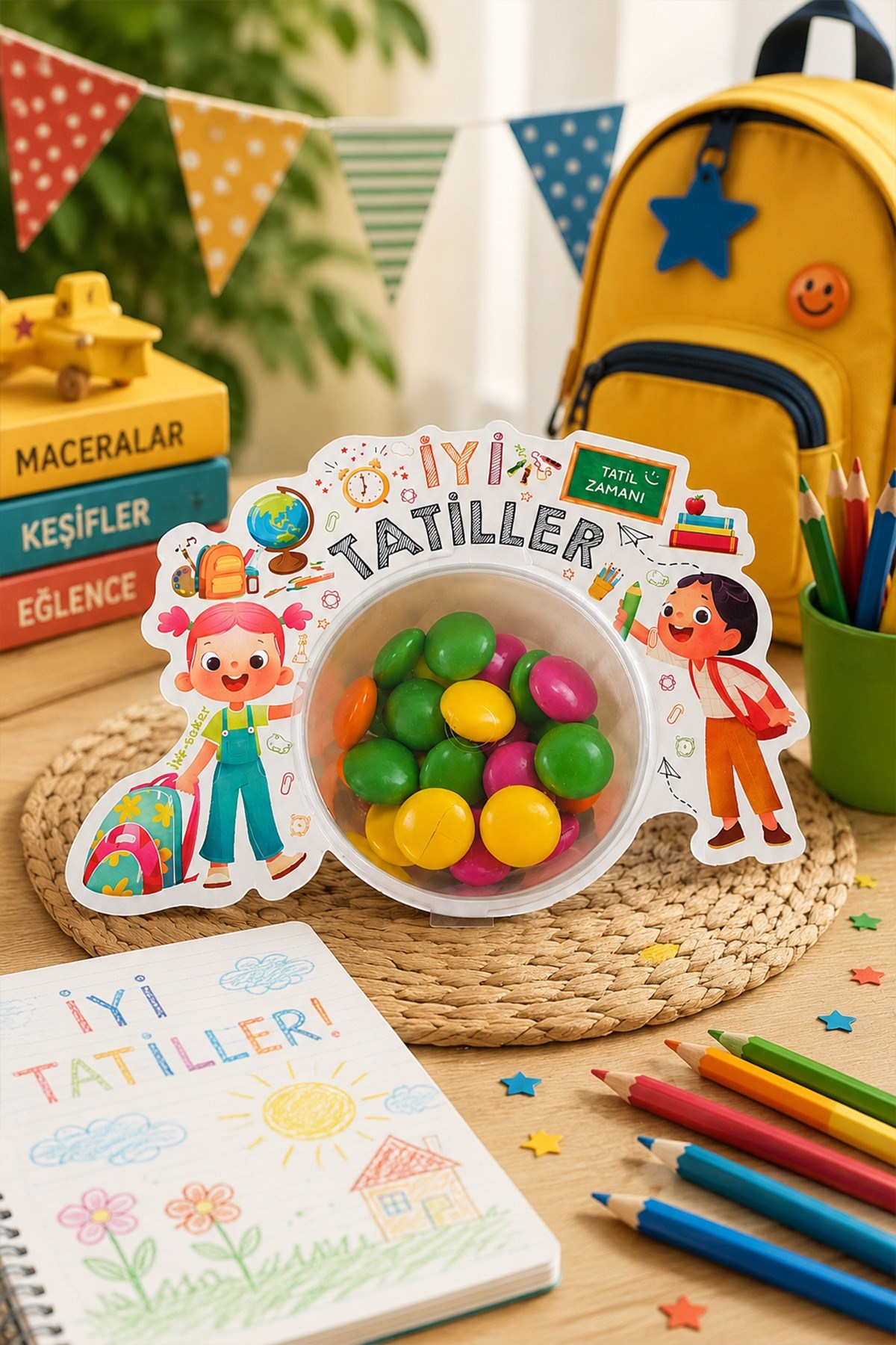 İyi Tatiller Şekerleme Kutusu 12 li  – Karne Hediyesi Çocuk Şeker Kutusu – Tatil Temalı Sürpriz Kutusu