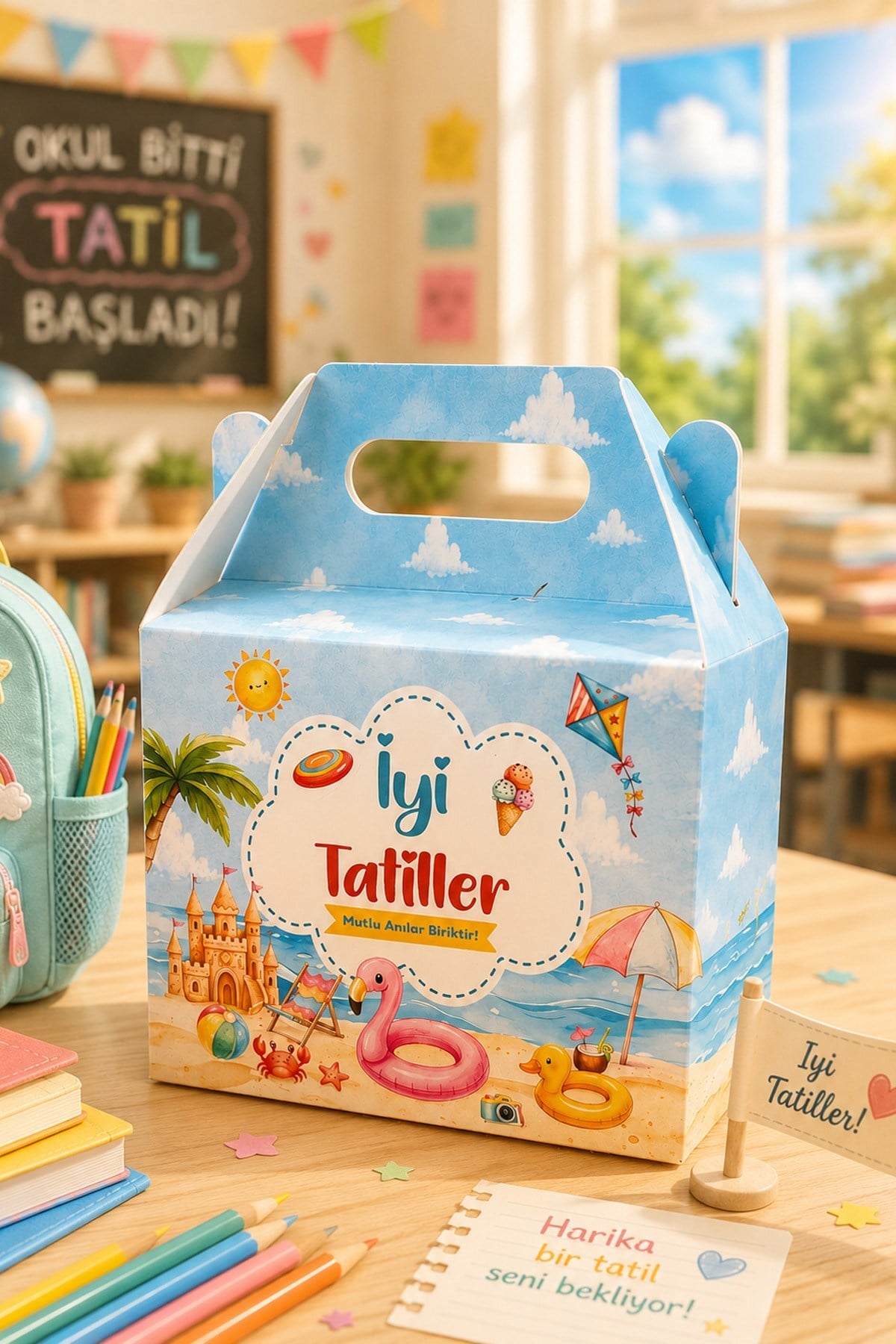 İyi Tatiller Temalı Karne Hediyesi Kutusu – 5’li Paket | Yeni Keşifler Tasarımlı Taşıma Kutusu 