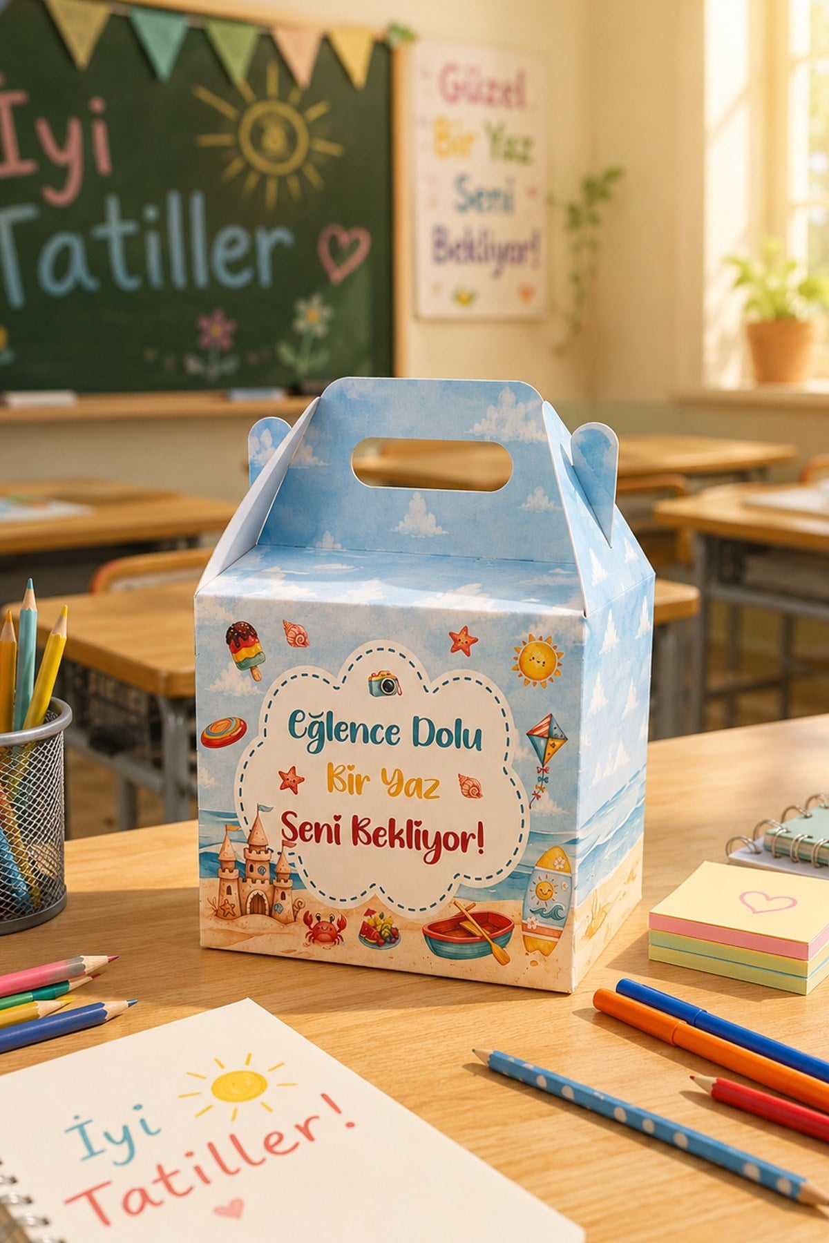 İyi Tatiller Temalı Karne Hediyesi Kutusu – 5’li Paket | Yeni Keşifler Tasarımlı Taşıma Kutusu 