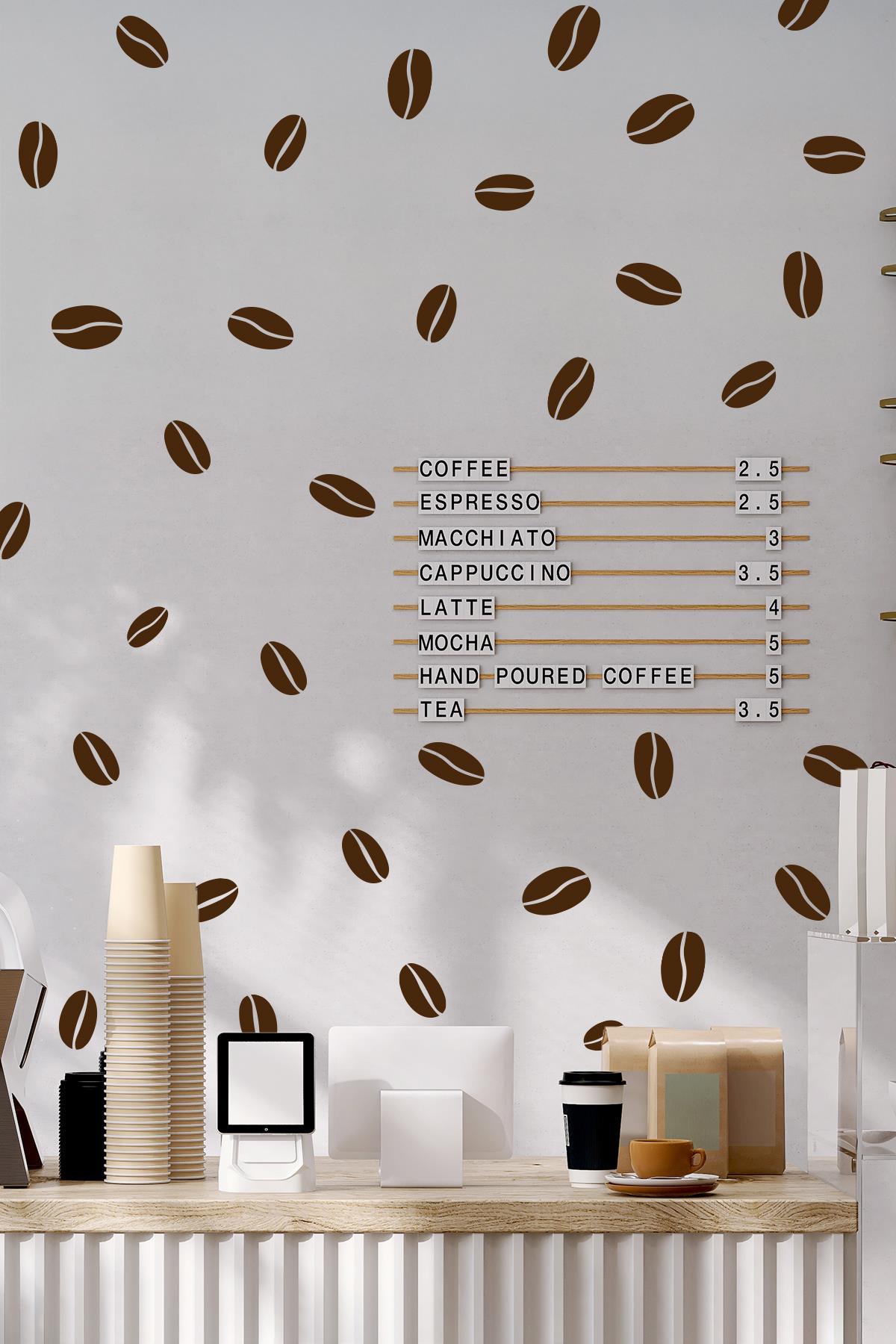 Kahve Çekirdekleri, Dekoratif Kahve Dükkanı Kahve Köşesi Süsleme Stickerları Kendinden Renkli 84 Ad.