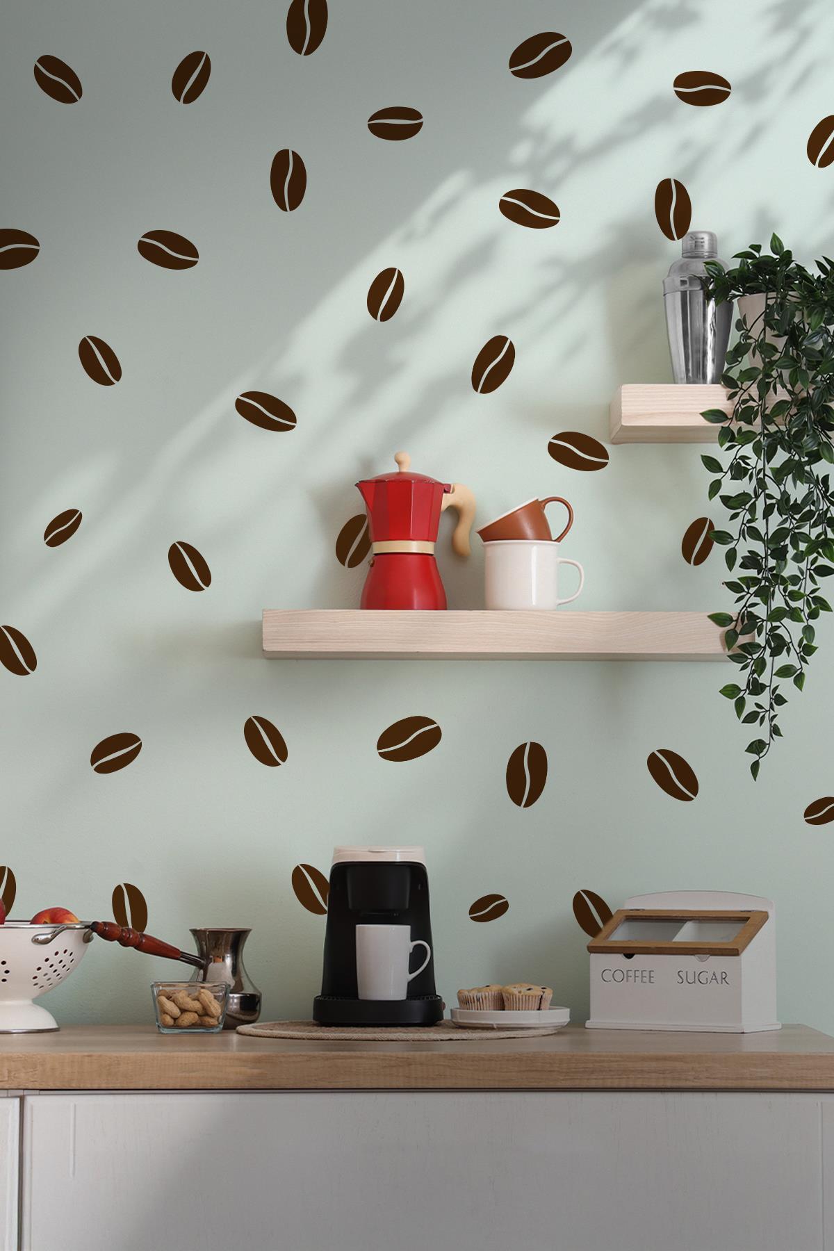 Kahve Çekirdekleri, Dekoratif Kahve Dükkanı Kahve Köşesi Süsleme Stickerları Kendinden Renkli 84 Ad.