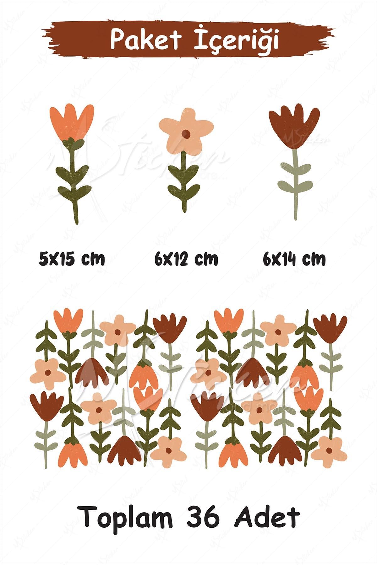 Kahve ve Tarçın Tonlarında  Vintage Çiçekler Özel Çizim Sticker Seti, Çocuk Bebek Odası Yaşam Alanı 