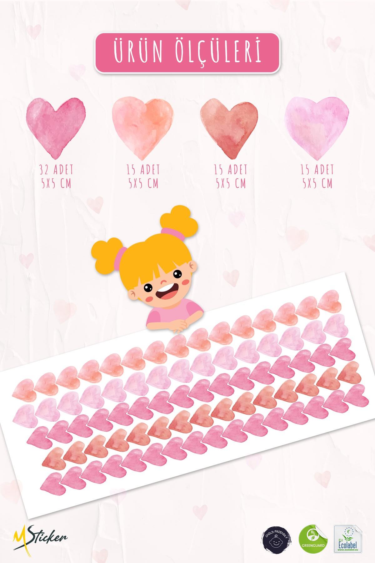 Kalp Sticker Seti, 77 adet Pembe Tonlarda Özel Kesim Duvar Cam Çocuk Odası Sticker, Soft Kalpler