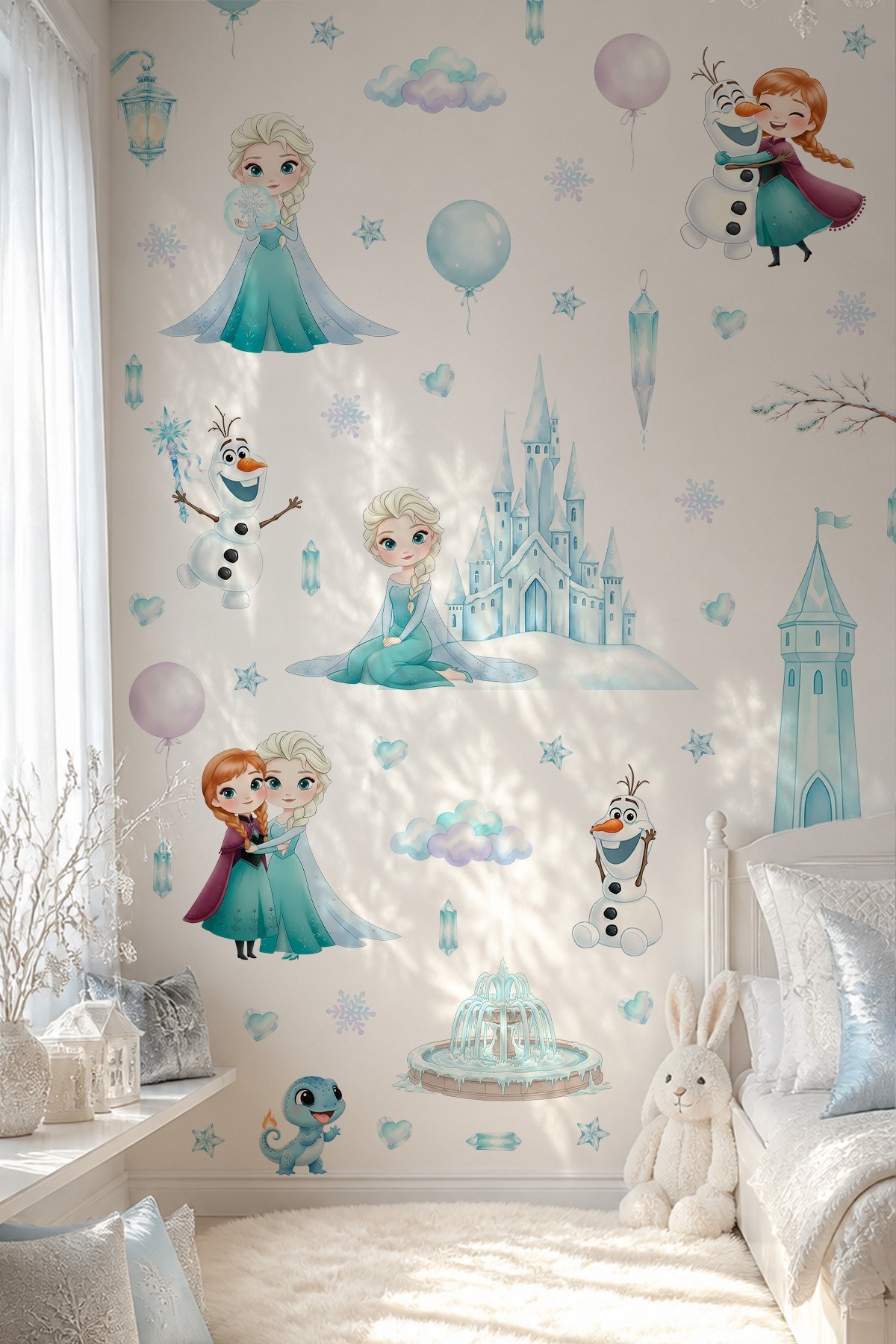 Karlar Ülkesi Temalı Duvar Sticker Seti 84 Parça | Elsa, Anna, Olaf Buz Şatosu Çocuk Odası Sticker