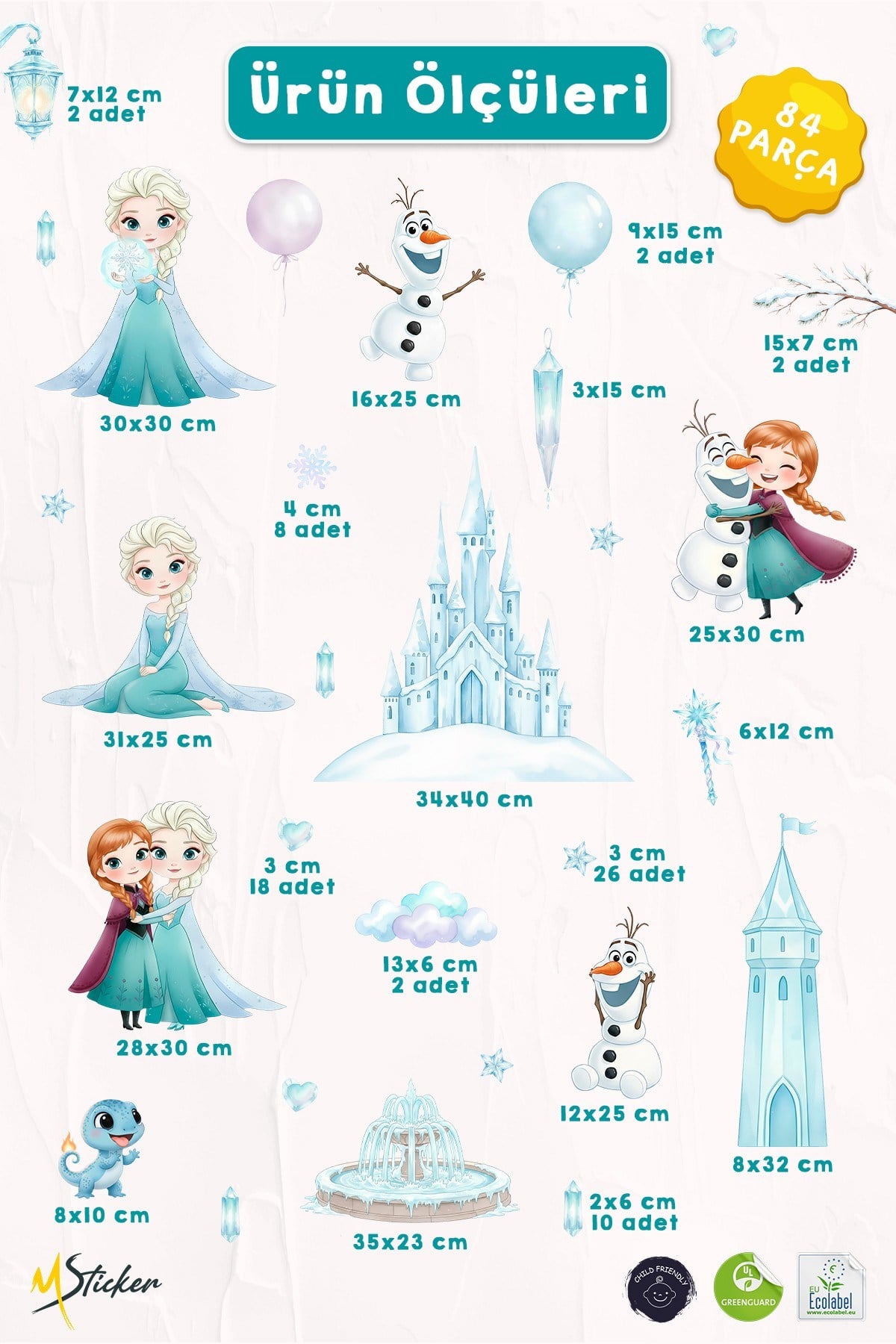 Karlar Ülkesi Temalı Duvar Sticker Seti 84 Parça | Elsa, Anna, Olaf Buz Şatosu Çocuk Odası Sticker