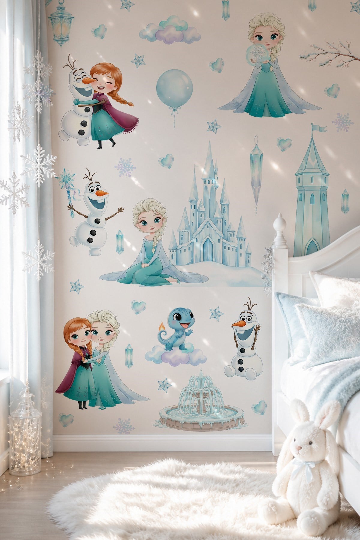 Karlar Ülkesi Temalı Duvar Sticker Seti 84 Parça | Elsa, Anna, Olaf Buz Şatosu Çocuk Odası Sticker