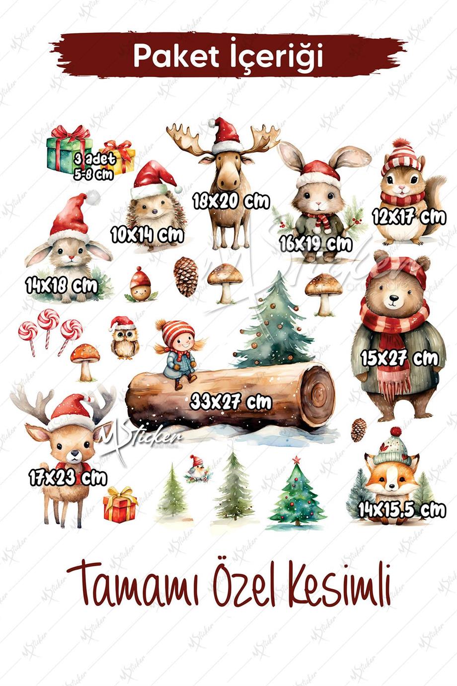 Karlı Orman Kış Konseptli Yeni Yıl Cam Duvar Sticker Seti, Sevimli Hayvanlar Yılbaşı Sticker