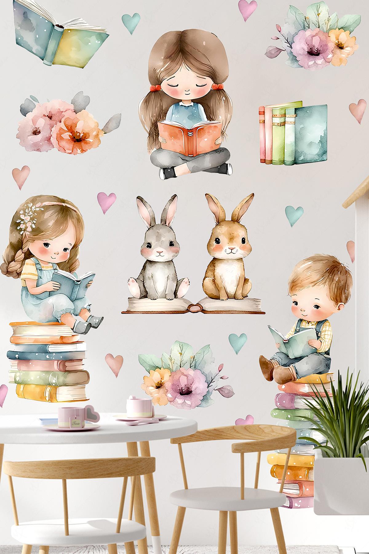 Kitap Okuyan Çocuklar Duvar Cam Sticker Seti, Çocuklar Tavşanlar ve Kalpler Sticker Seti