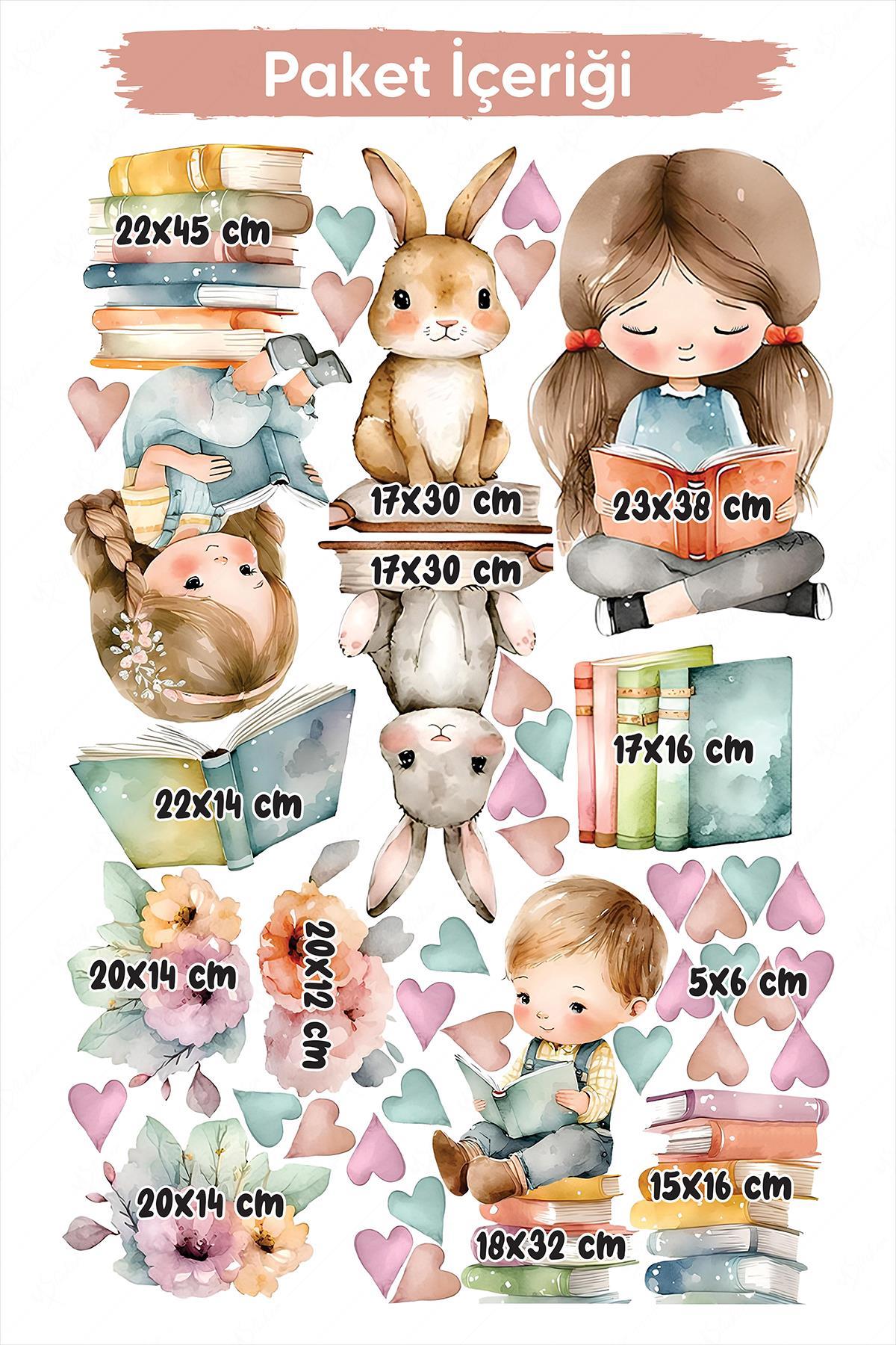 Kitap Okuyan Çocuklar Duvar Cam Sticker Seti, Çocuklar Tavşanlar ve Kalpler Sticker Seti