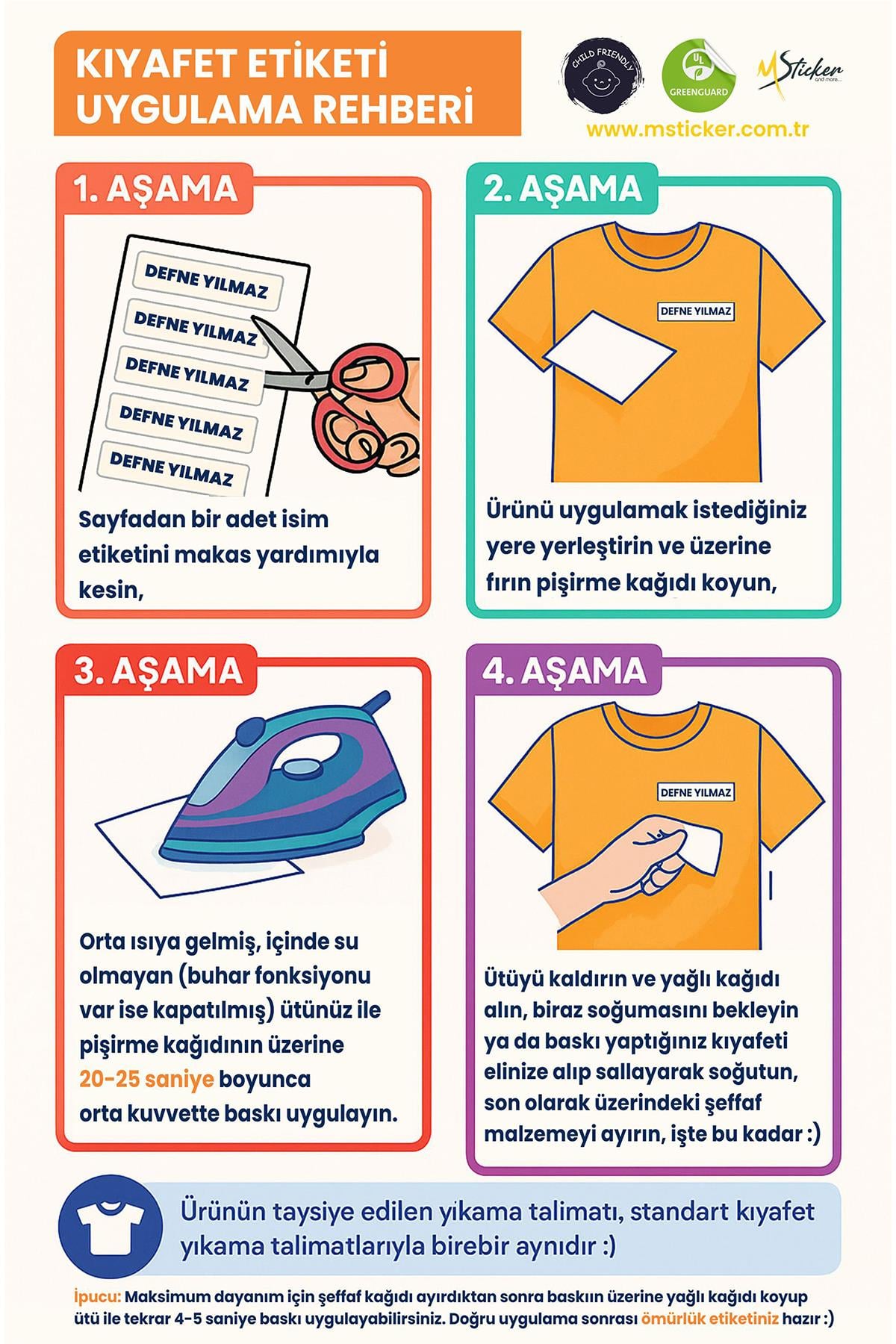Kıyafet Etiketi - Okul Kıyafetlerine Kişiye Özel 30 Saniyede Kolay Uygulama Yıkamaya Dayanıklı