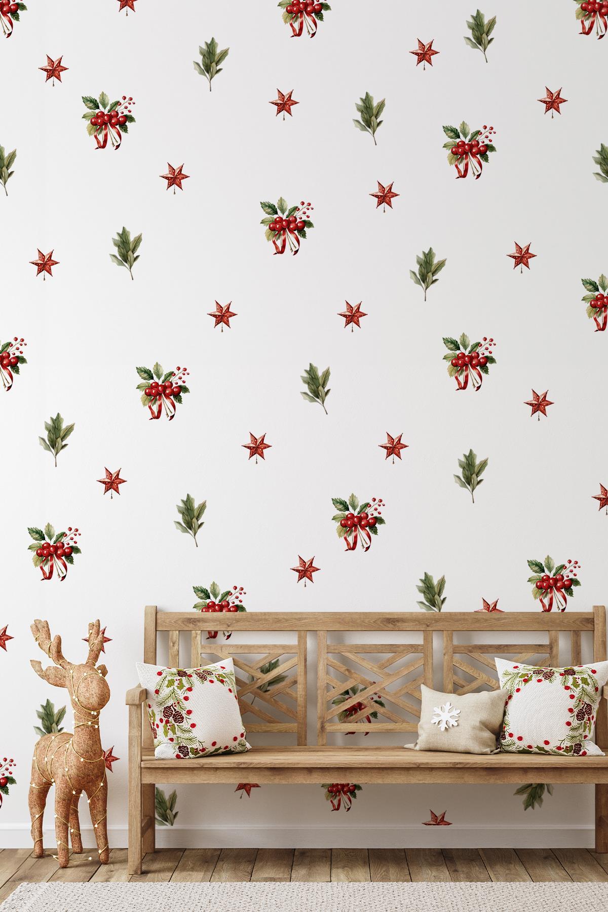 Kokina Çiçeği 1 Yılbaşı Süsü Yılbaşı Sticker Yılbaşı Hediyesi Cam Duvar Sticker Seti