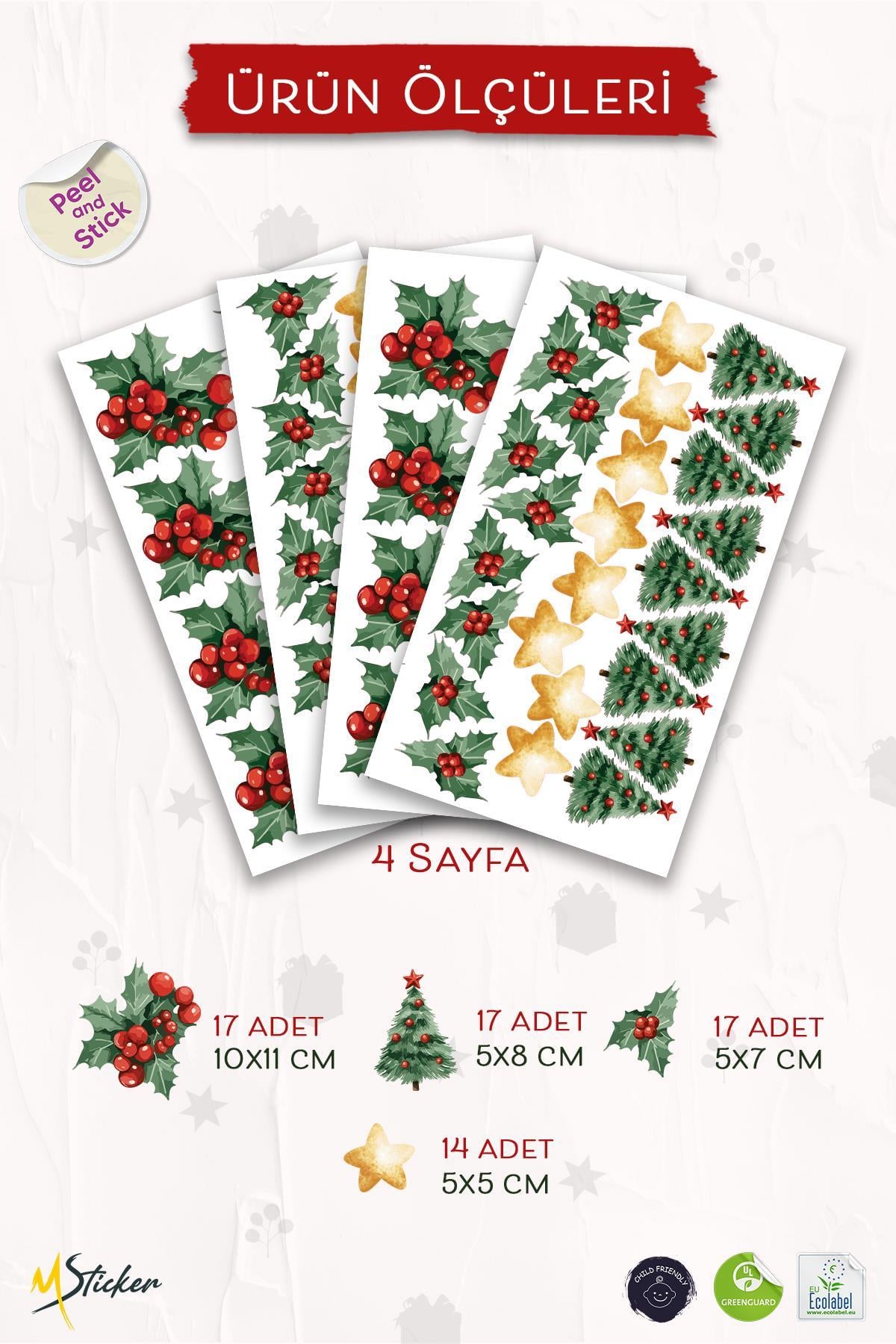 Kokina Çiçeği 2 Yılbaşı Süsü Yılbaşı Sticker Yılbaşı Hediyesi Cam Duvar Sticker Seti