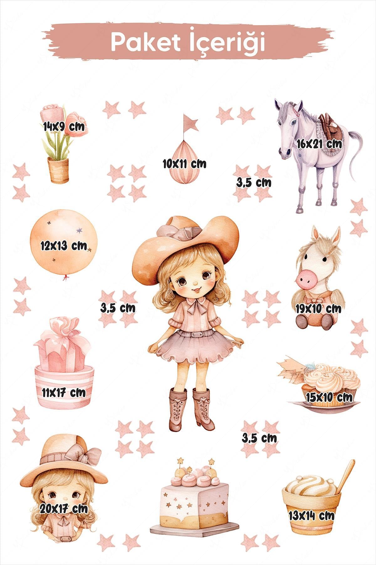 Kovboy Kız Sticker Seti, Kız ÇOcuk Eğlenceli Duvar Sticker Seti Çocuk Odası Duvar Kaplama Stickerı