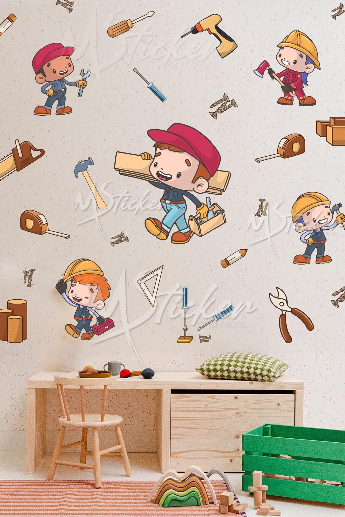Küçük Marangozlar Tamirciler Çocuk Bebek Odası Cam Duvar Sticker Seti