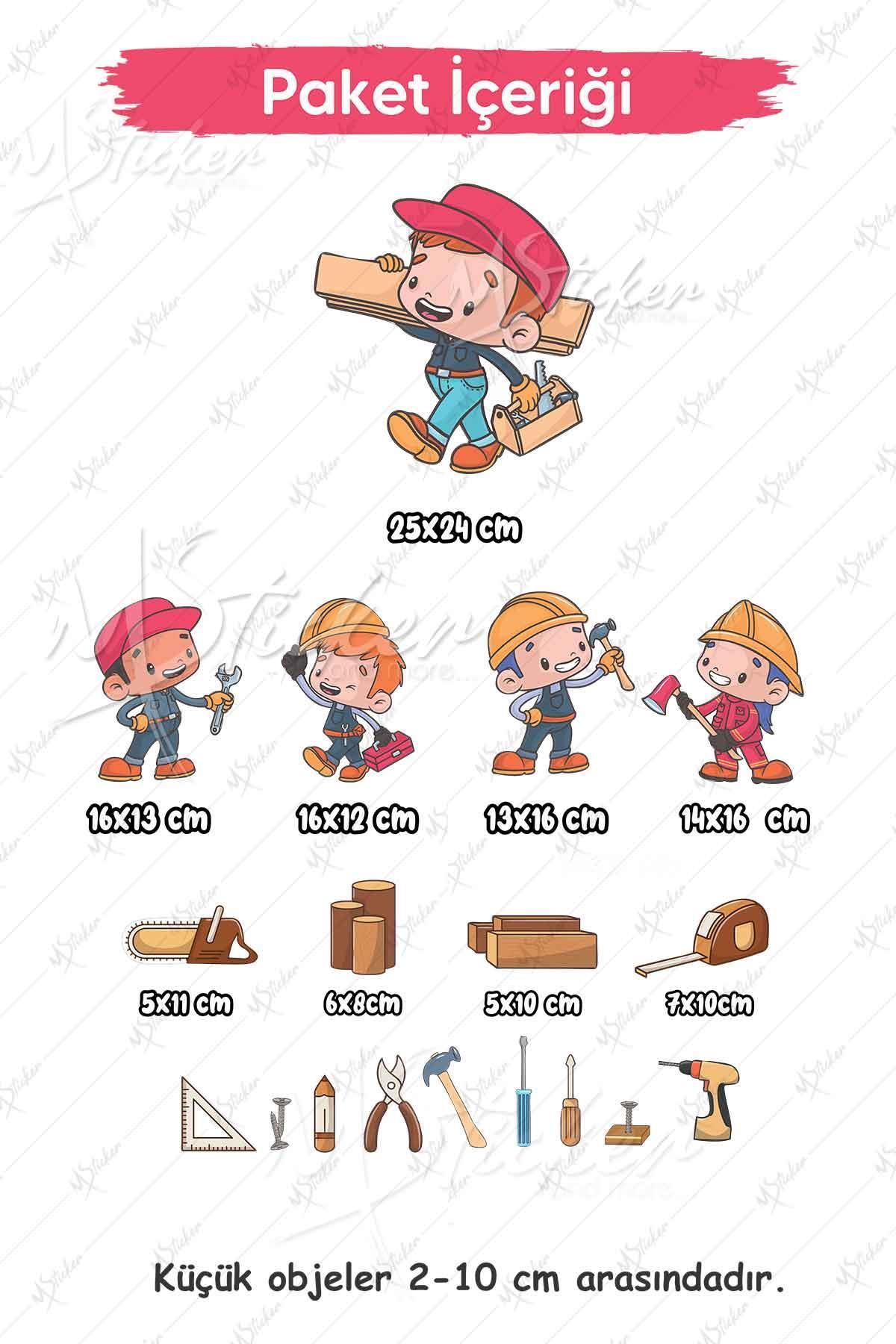 Küçük Marangozlar Tamirciler Çocuk Bebek Odası Cam Duvar Sticker Seti