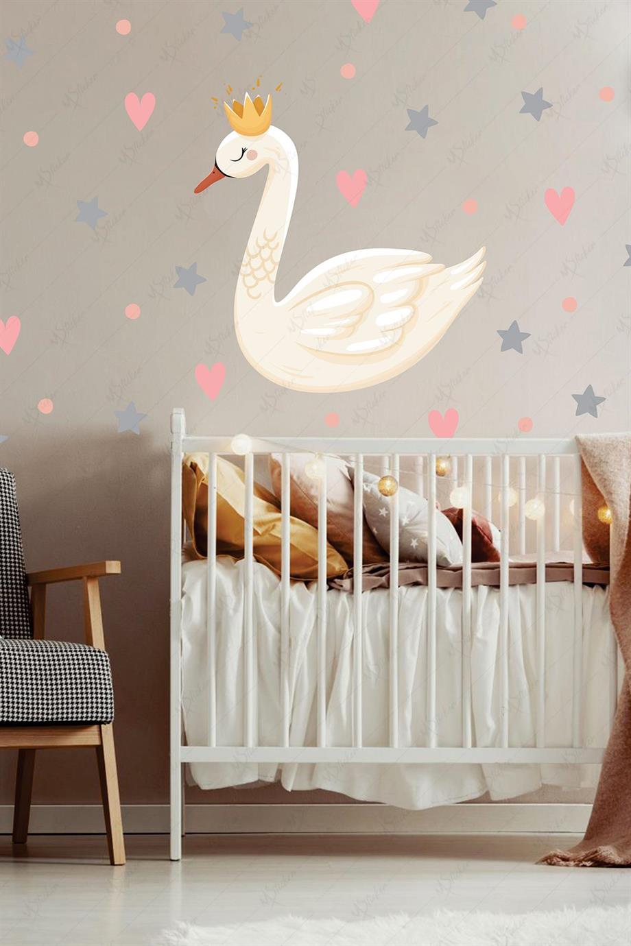 Kuğu Yıldızlar ve Kalpler Çocuk Bebek Odası Sticker Seti