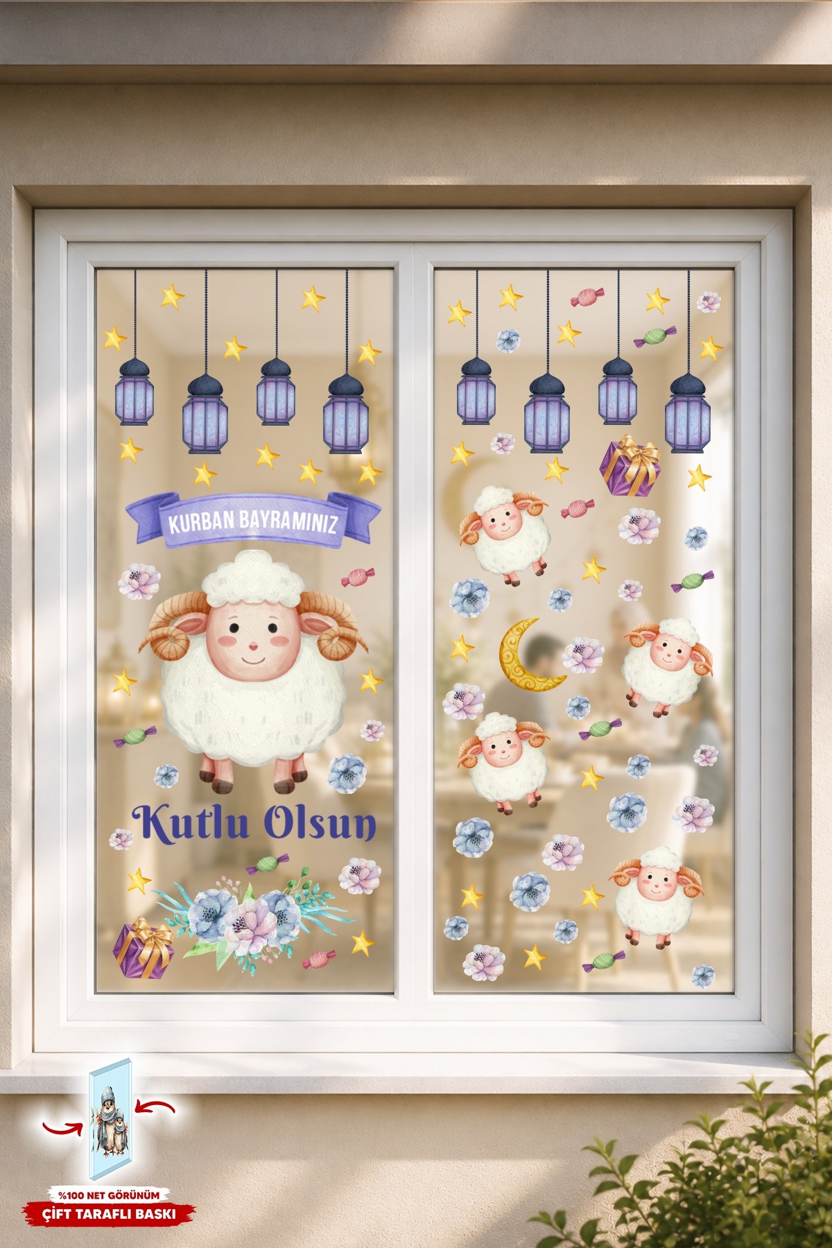 Kurban Bayramı Çift Taraflı Cam Sticker Seti 88 Parça Pencere ve Cam Süsü, Bayram Kuzulu Sevimli