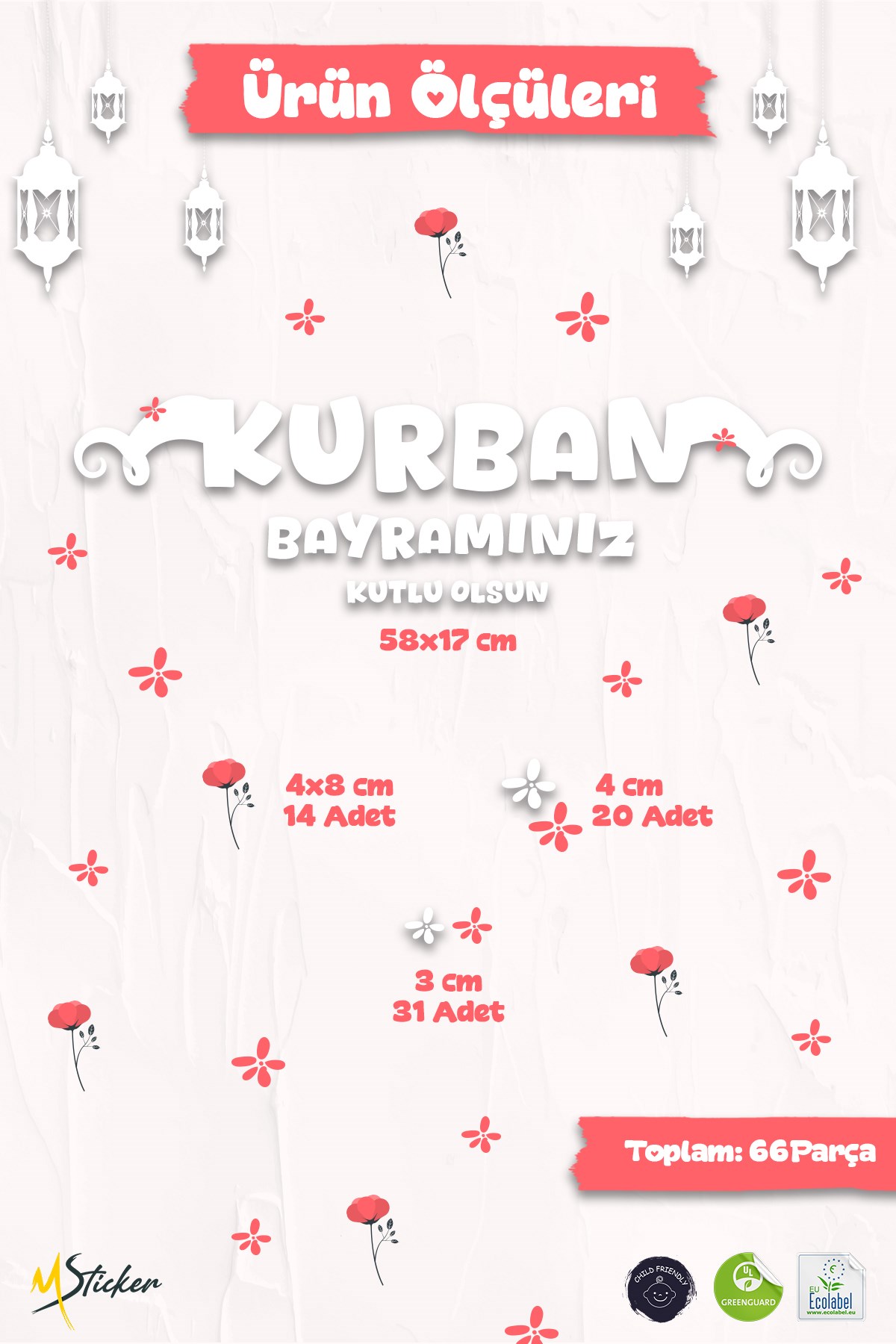 Kurban Bayramınız Kutlu Olsun Cam Sticker Seti Çift Taraflı 66 Parça Bayram Süsü, Ev İşyeri Sticker