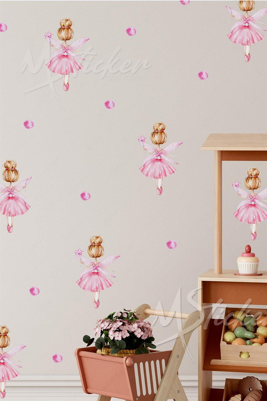 Minik Peri Kızı Balerin Yıldızlar ve Puantiyeler Çocuk Bebek Odası Duvar Cam Sticker Seti
