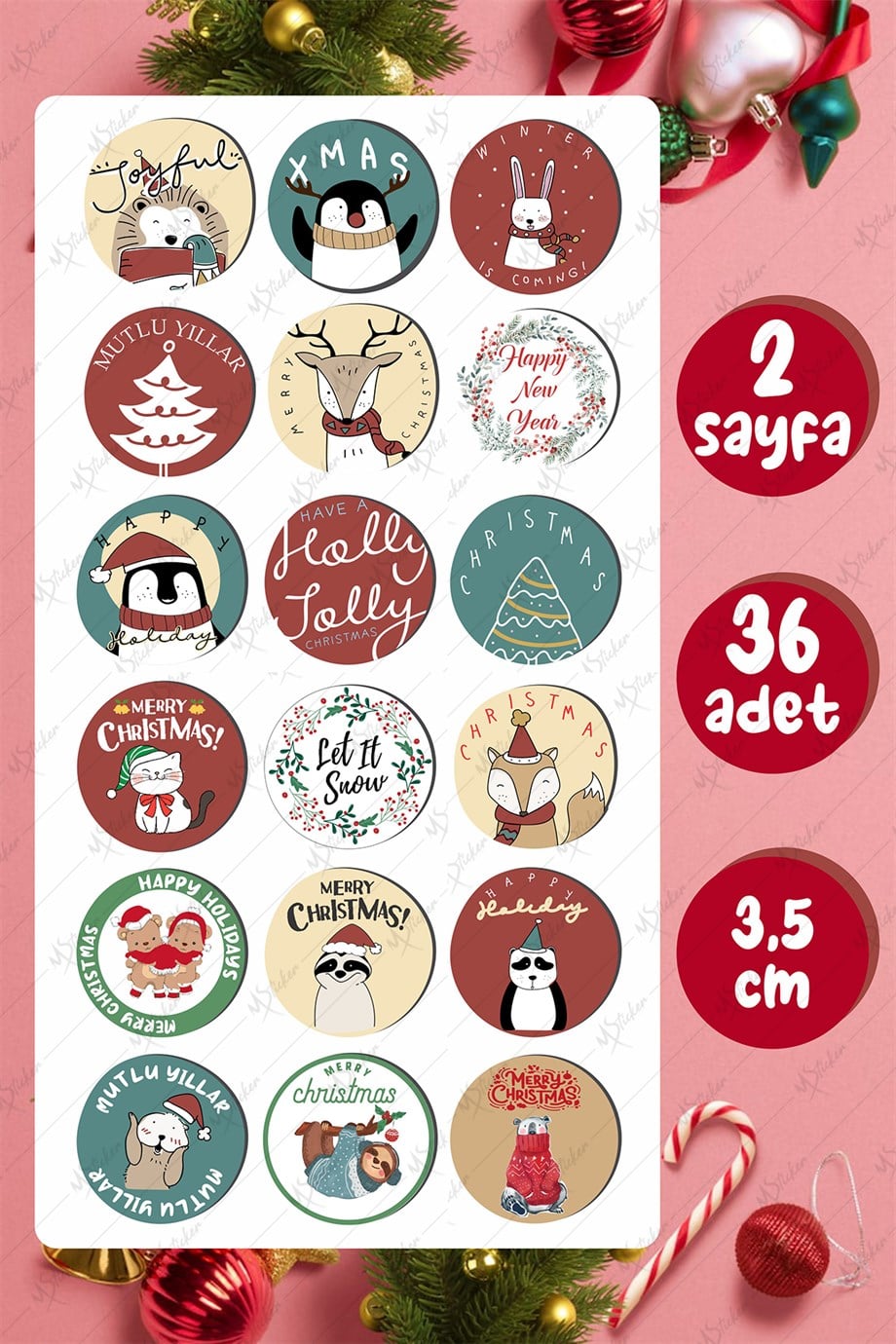 Mutlı Yıllar Sticker 3,5 cm 36 Adet - Suya Dayanıklı Yeni Yıl Yılbaşı Sticker 