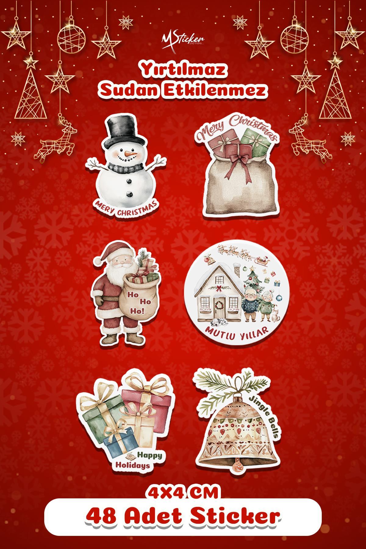 Mutlı Yıllar Sticker 4 cm 48 Adet - Suya Dayanıklı Yeni Yıl Yılbaşı Sticker , Hediye Paketi Süsü