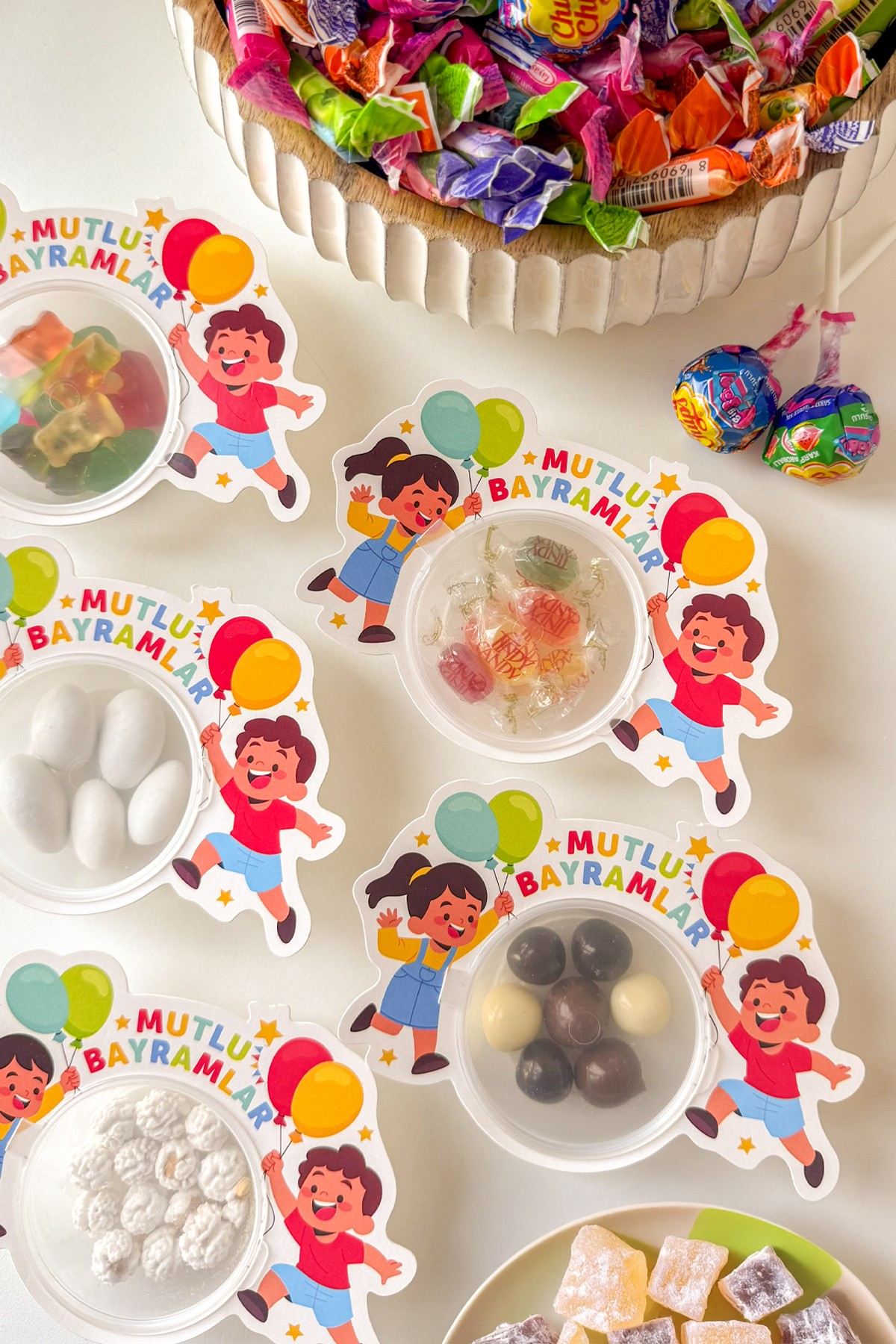 Mutlu Bayramlar Çocuk Temalı Şeker Kutusu 10’lu Set – Kapaklı Mini Bayram Şeker Kabı, Hediyeliği