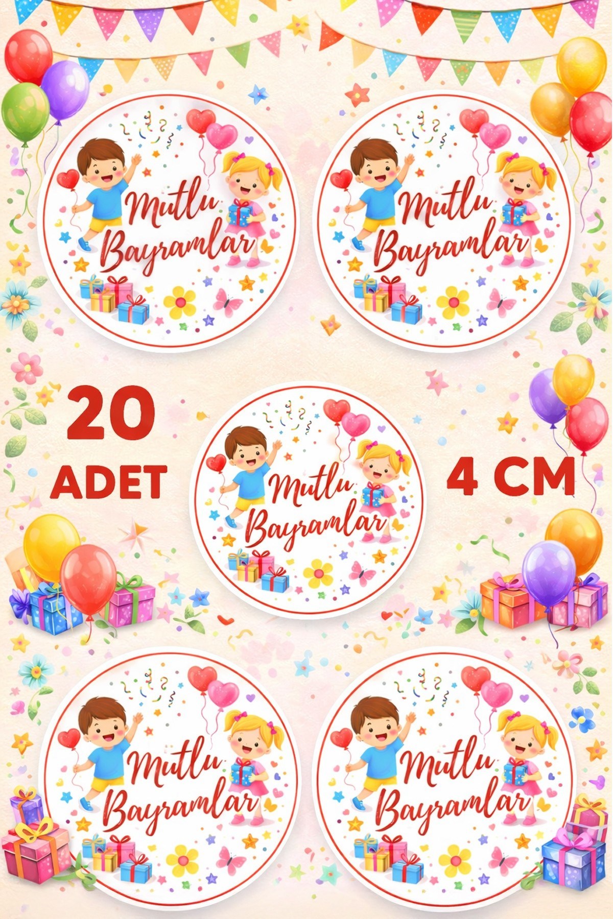 Mutlu Bayramlar Sticker Etiket 4 cm 20 Adet – Bayram Şekerleme ve Hediye Paketlerine Etiket