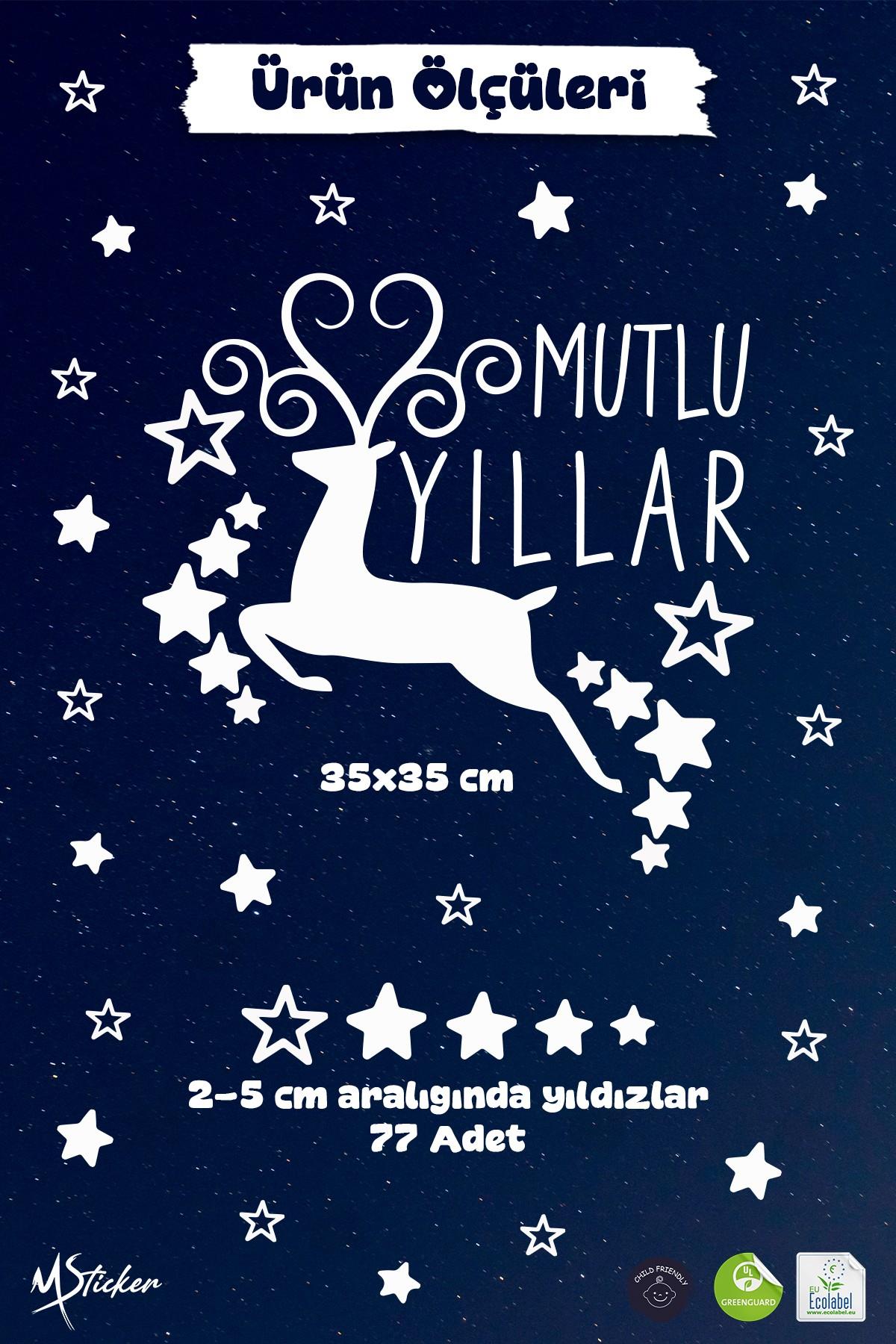 Mutlu Yıllar Geyik Cam & Duvar Sticker Seti –  78 Parça  Yılbaşı Vitrin ve Ev Dekoru