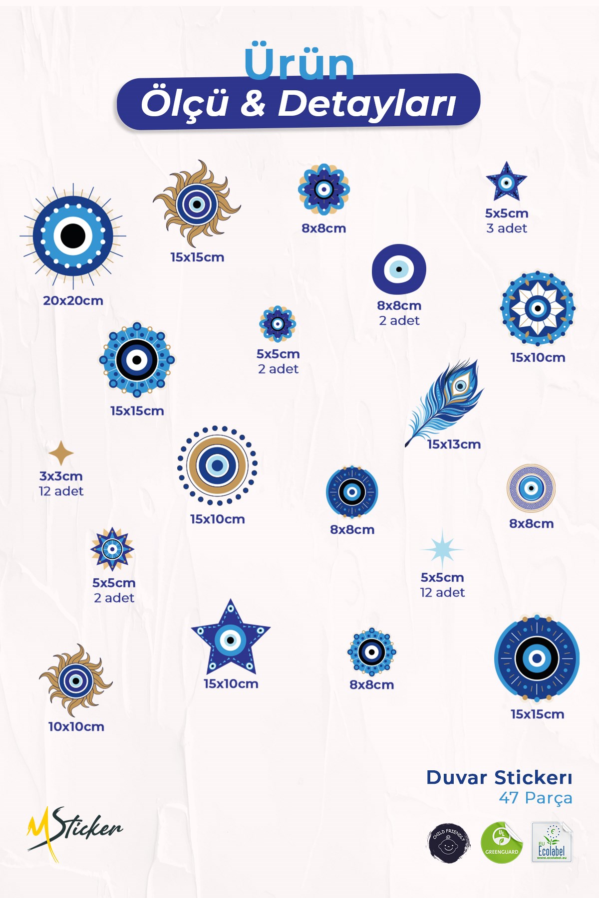 Nazar Boncuğu Duvar Sticker Seti 43 Parça | Mavi Gold Nazar Dekoratif Sticker | Salon, Çocuk Odası