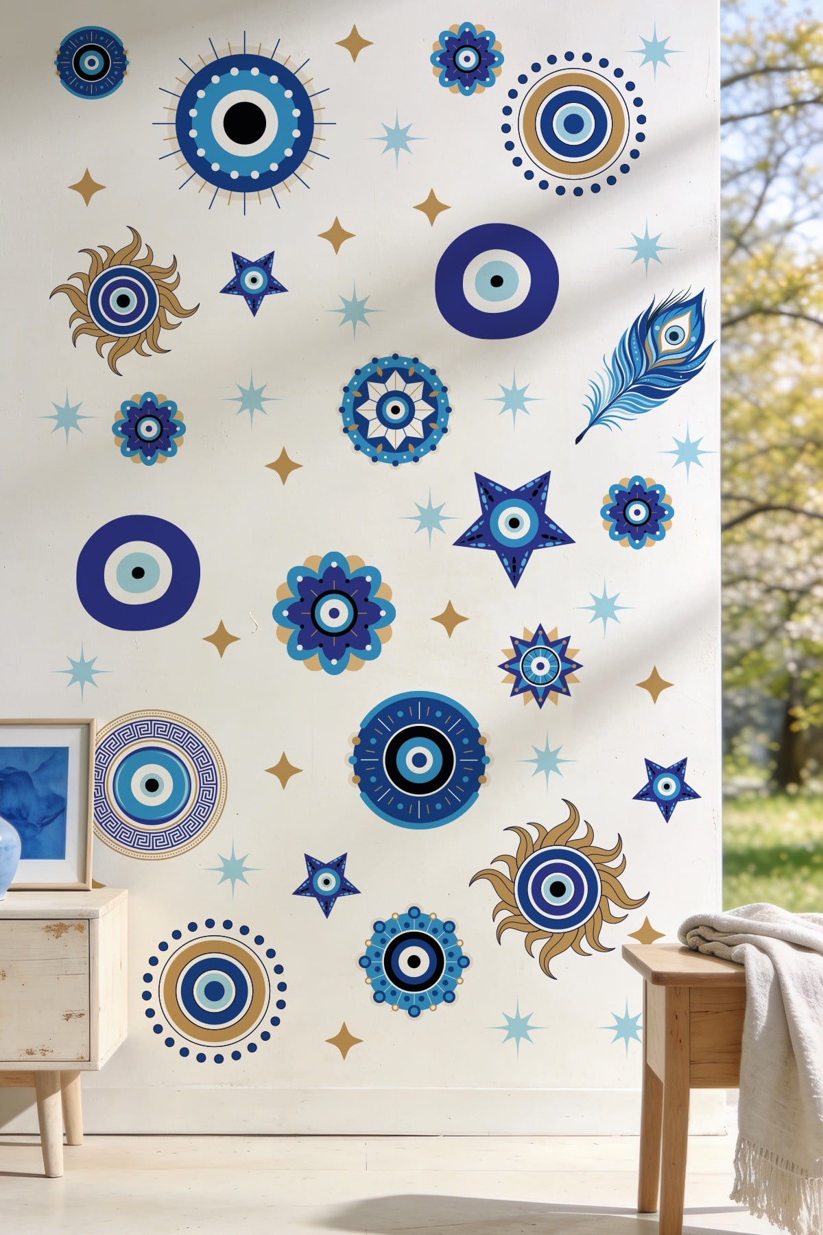 Nazar Boncuğu Duvar Sticker Seti 43 Parça | Mavi Gold Nazar Dekoratif Sticker | Salon, Çocuk Odası